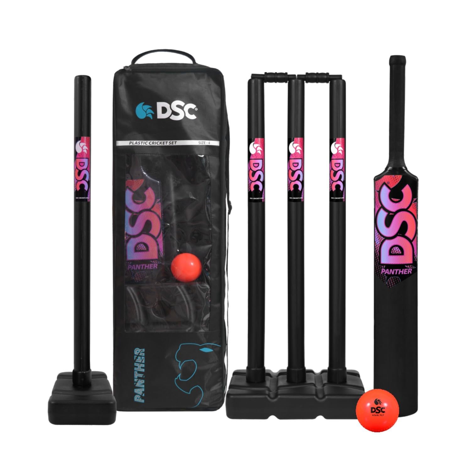 DSC Plastic Cricket Set - Ideal for Tennis and Gully/Turf Cricket (1 Plastic Bat + 4 Plastic Stumps + 2 Base + 2 Bails + 1 PVC Ball)