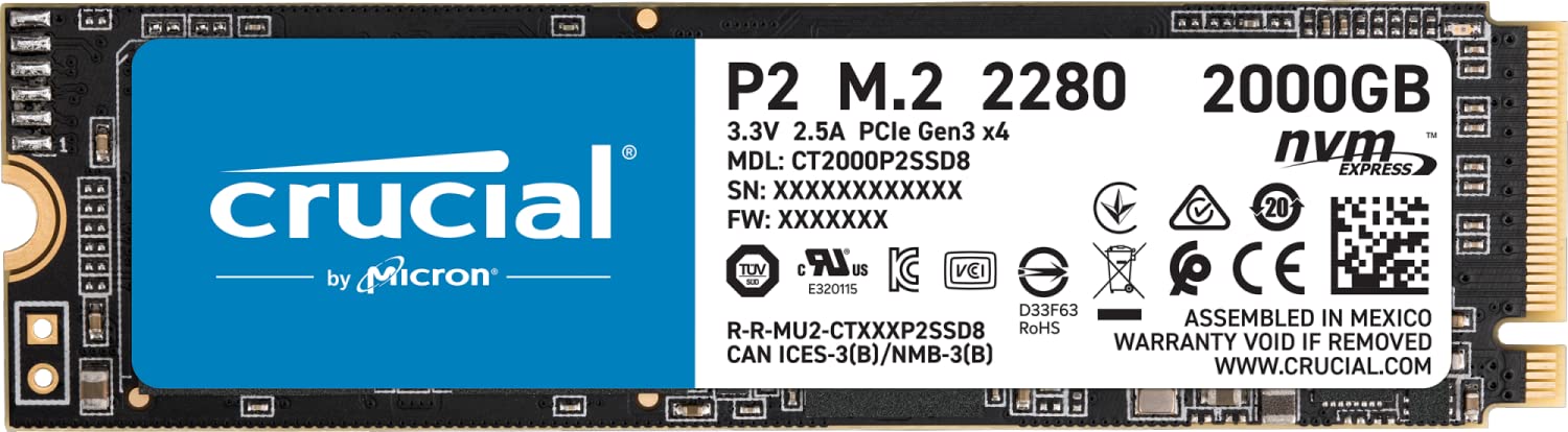 CrucialP2 CT2000P2SSD8 2 TB Internal SSD, Up to 2400 MB/s (3D NAND, NVMe, PCIe, M.2)