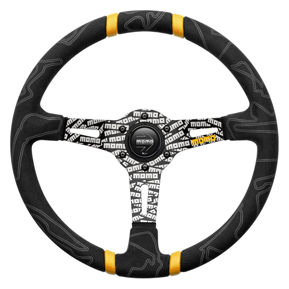 MOMOStreet Steering Wheel - Ultra - Premium Race Track Microfiber Grip w/Yellow Dual Center Stripes & Black MOMO Etched Spokes - Part # ULT35BK0BK