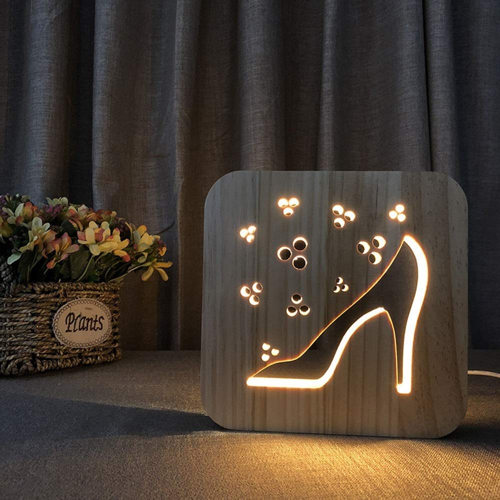 Popular High Heels Wooden Night Light 3D Hollow USB Creative Decorative LED Table Lamp Bedroom Children's Room Birthday 19 * 19cm Desk Light Up Life