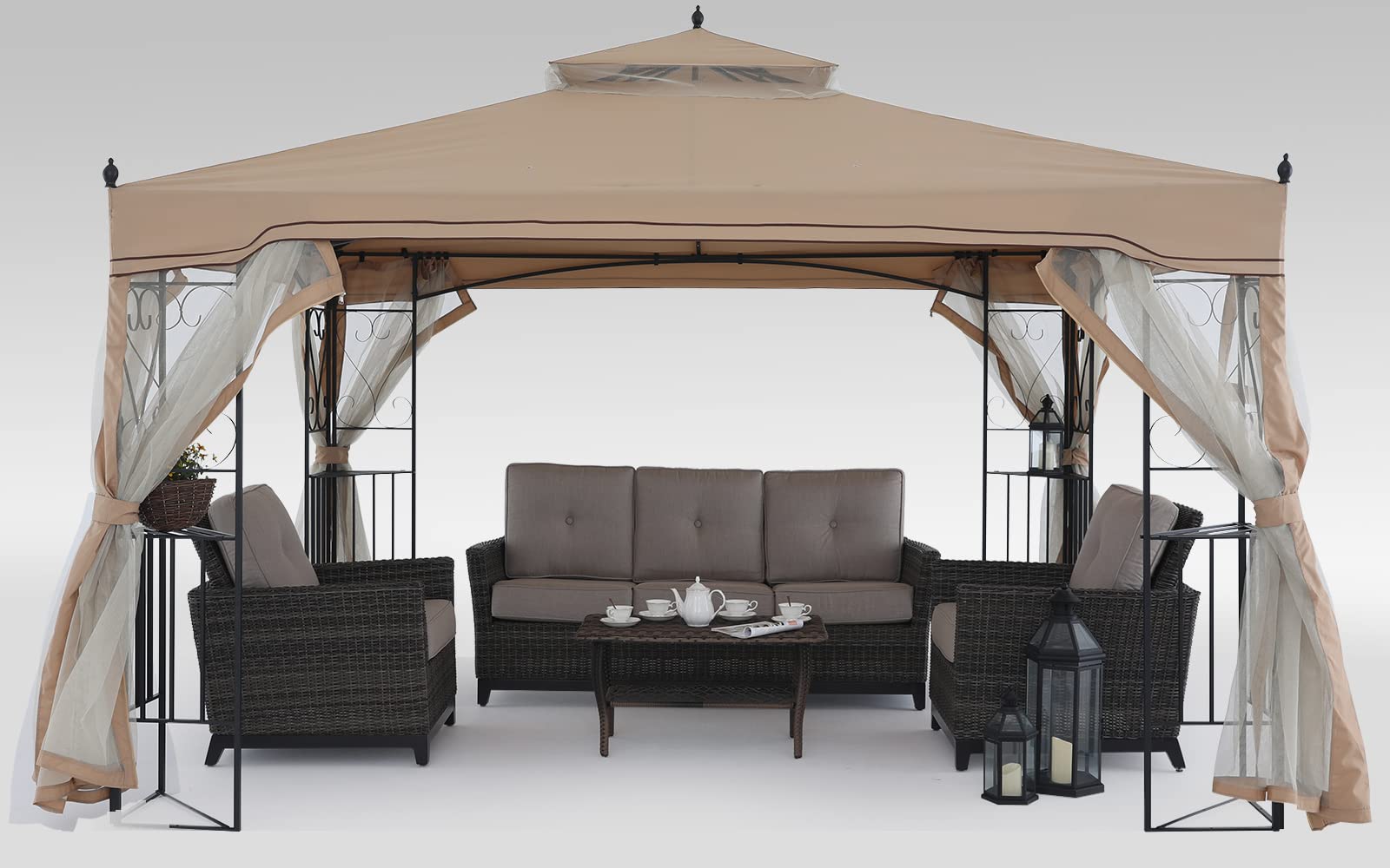 MASTERCANOPYPatio Outdoor Gazebo with Netting Screen Walls and Corner Shelf Design (10x12,Beige)