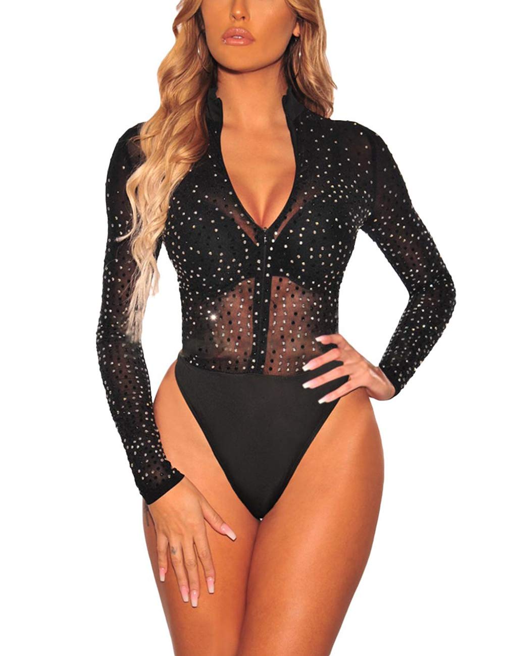 LradyWomen's Sheer Silver Rhinestone Studded Mock Neck Zipper Bodysuit Body Tops Black