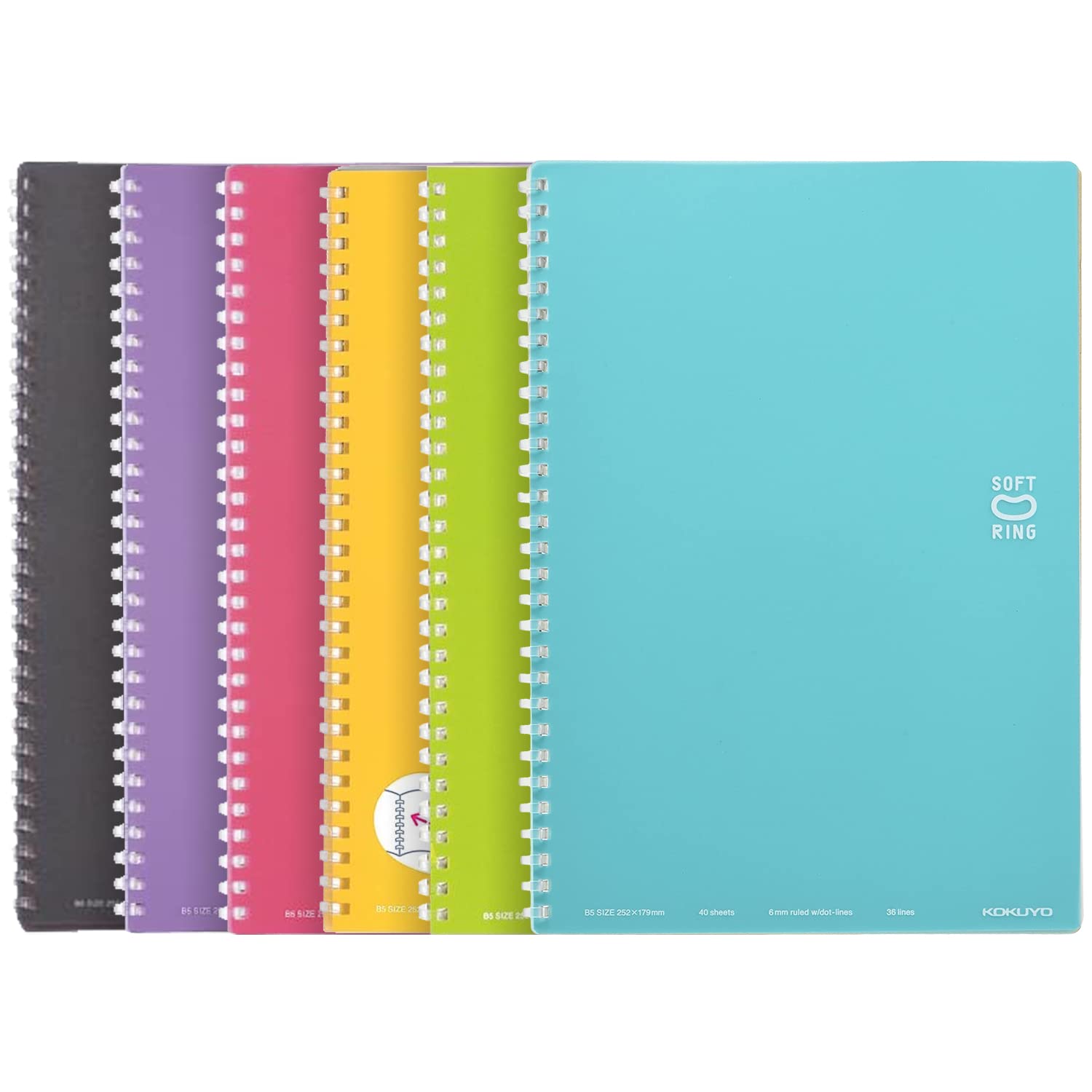 Kokuyo D Shaped Soft Ring Notebook, 6mm ruled w/dot-lines, 36 Lines, 40 Sheets, B5, 6 Colors Set, Japan Import (SU-SV301BT)