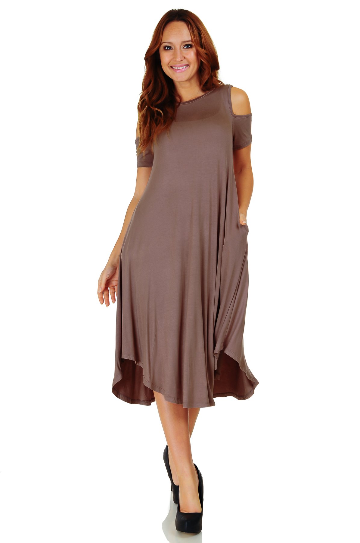 Simply Ravishing Open Shoulder Short Sleeve Rounded Hem Mid-Length A-Line Dress (Size: Small - 5X)