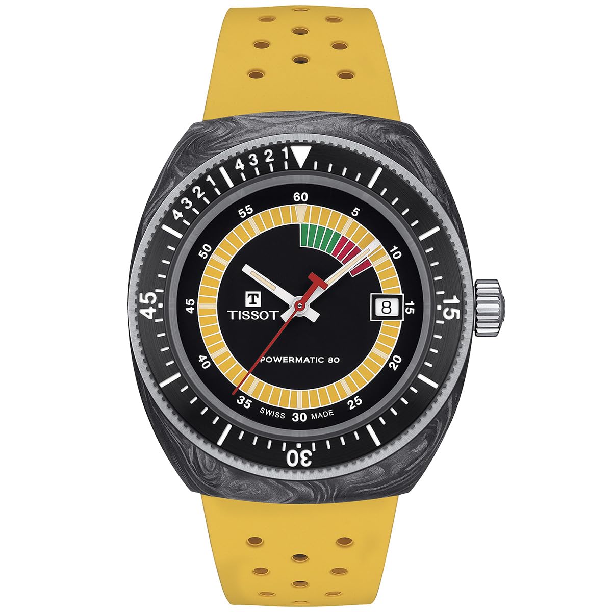 TissotUnisex Sideral S Powermatic 80 316L Stainless Steel case with Black and Grey Marbled Forged Carbon Automatic Watches, Yellow, Rubber, 20 (T1454079705700)