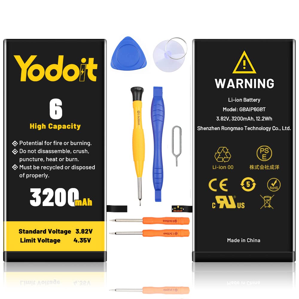 Yodoit for iPhone 6 Battery Replacement 3200mAh Battery High Capacity 0 Cycle Replacement for Model A1549, A1586, A1589 with Repair Tool Kit & Adhesive