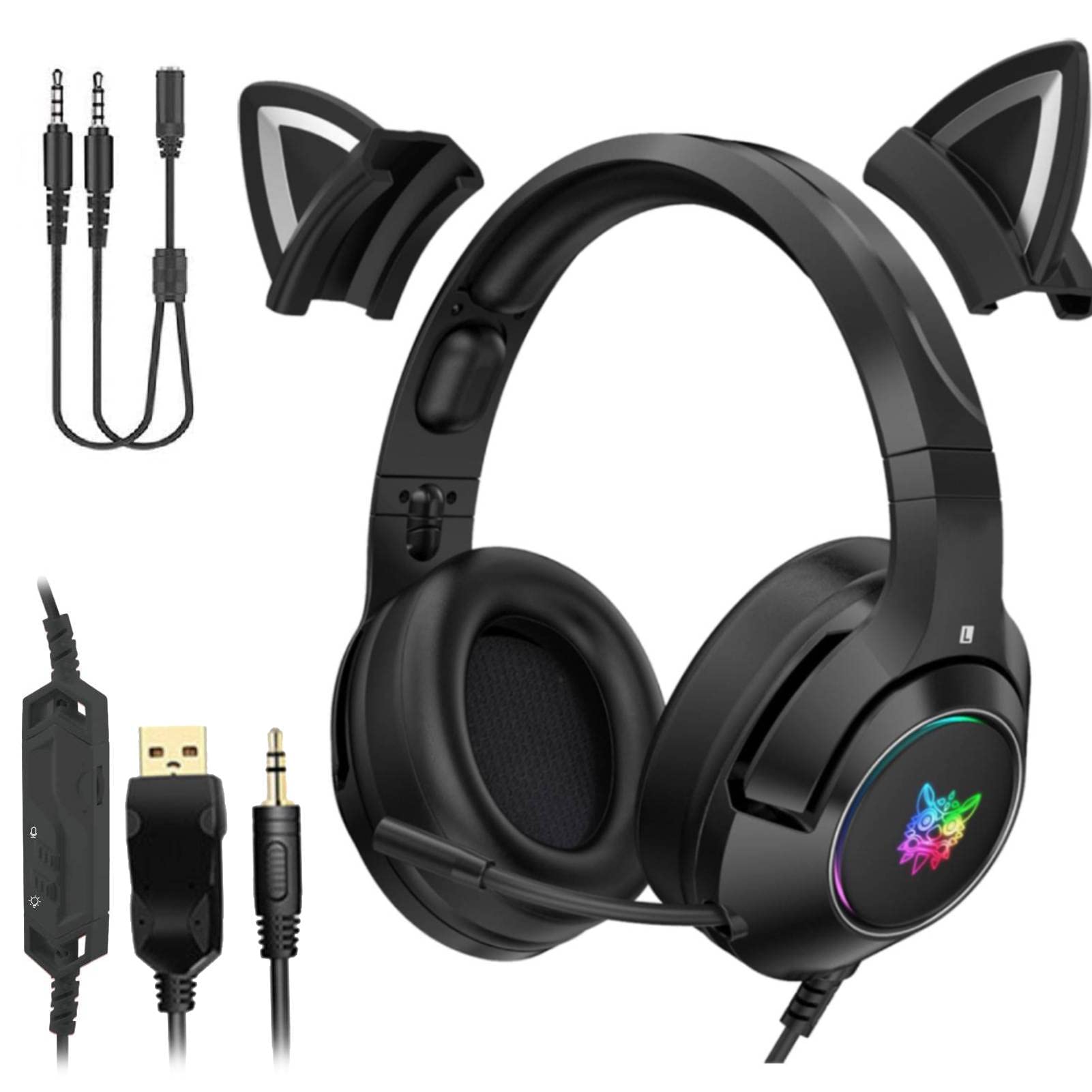 Skecten Gaming Headset with Mic, Noise Cancelling LED Wired Cat Ear Headphones with 3.5mm Jack for Xbox One, PS4, PS5, Switch, PC, Laptop, Mac, 4D Stereo Surround, Black