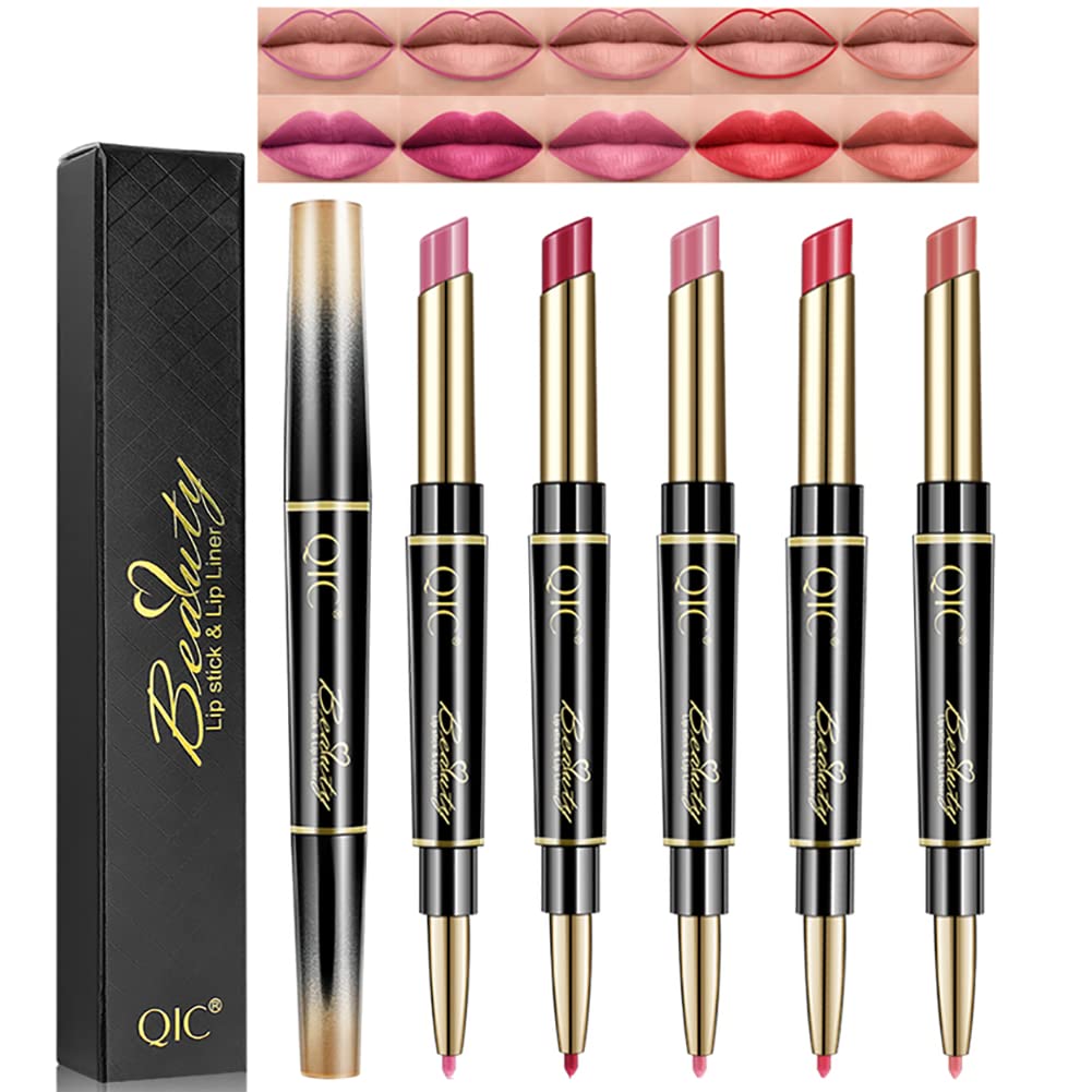 Petansy 5Pcs Double Head Matte Lipstick Set Lip Liner & Lipstick Set Long Lasting Waterproof Moisturizing Lipstick Set(D)