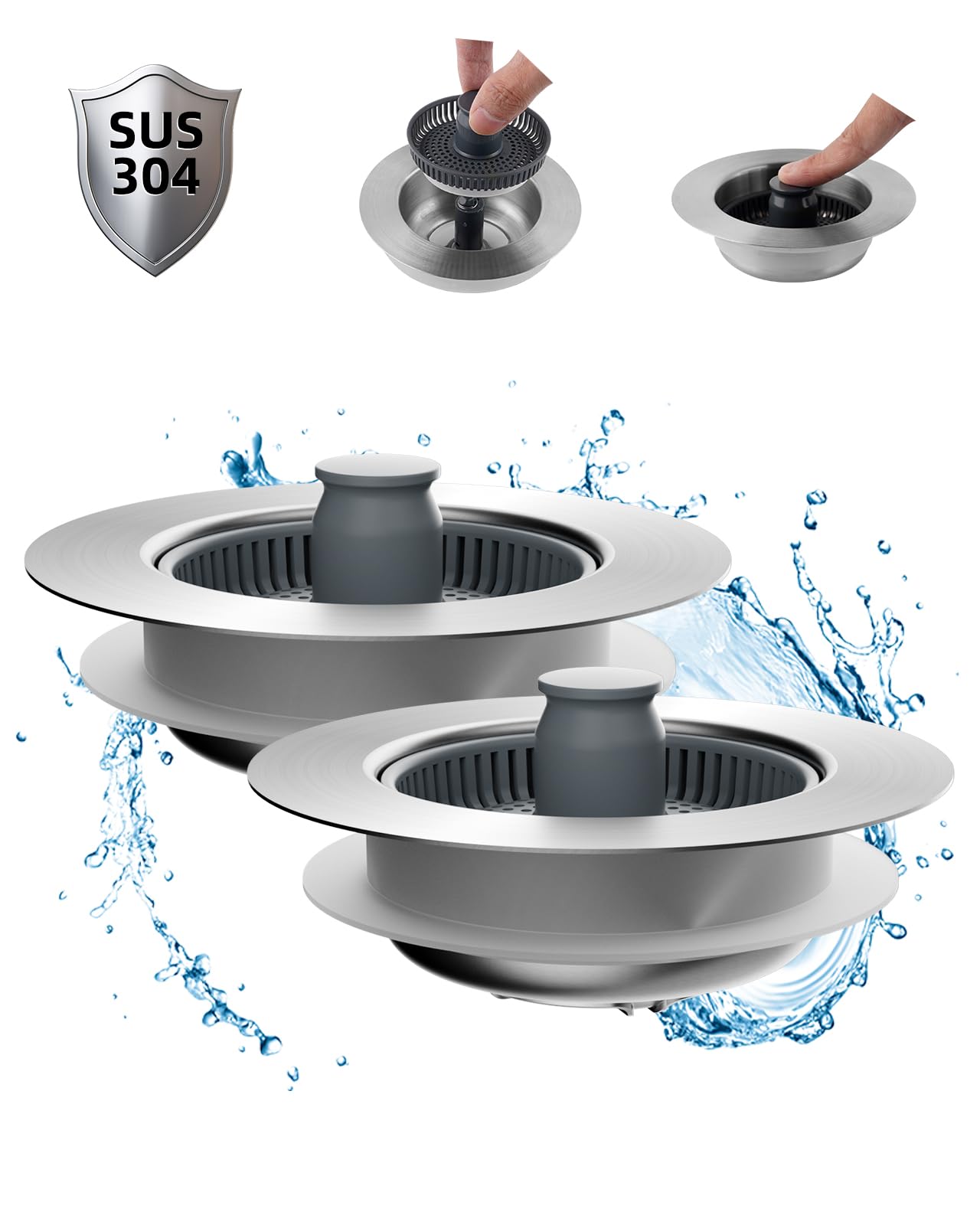 Hibbent 2 Pack Upgraded 3 in 1 Kitchen Sink Drain Strainer and Stopper Combo, Stainless Steel Metal Pop Up Sink Stopper, Anti-Clogging Basket Strainer with Handle for US Standard 3-1/2 Inch Drain