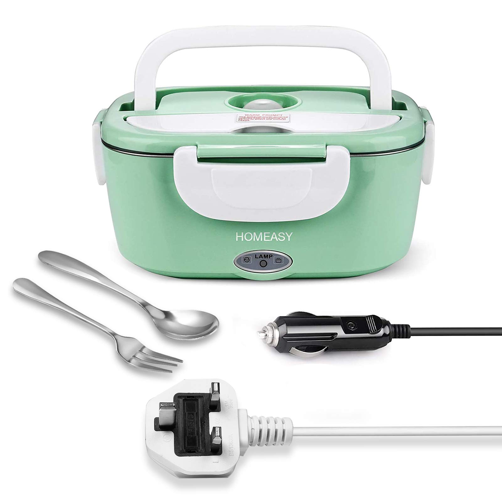 homeasy Electric Lunch Box, 80W 2 in 1 Food Heater Warmer 1.5L Removable Food-Grade Stainless Steel Container Portable for Car, Office, School and Home Use 220V & 12V Spoon Mint Green