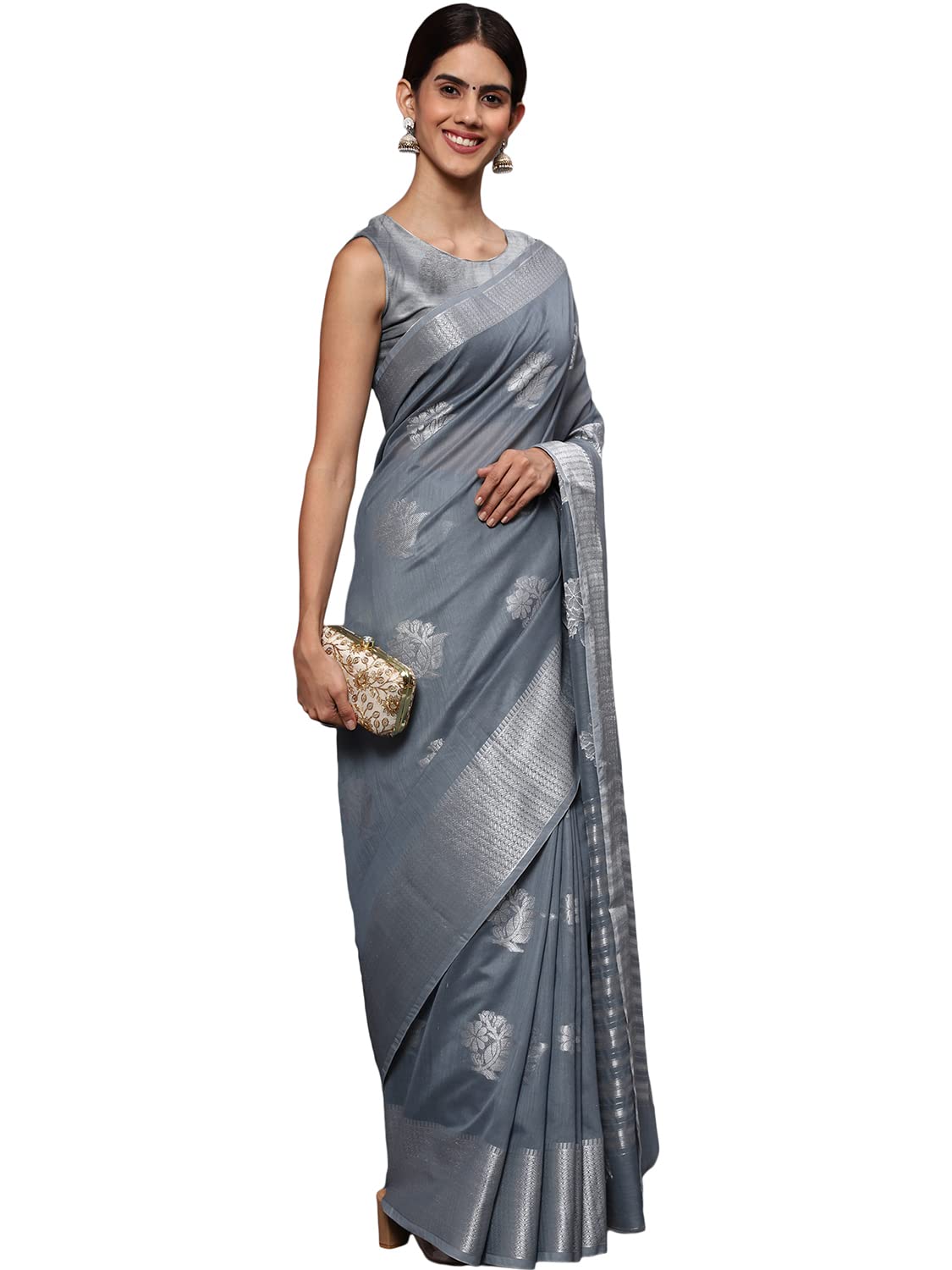 leeza storeWomen's Linen Tissue Silk Silver Zari Floral Motifs Jacquard Banarasi Saree With Blouse Piece