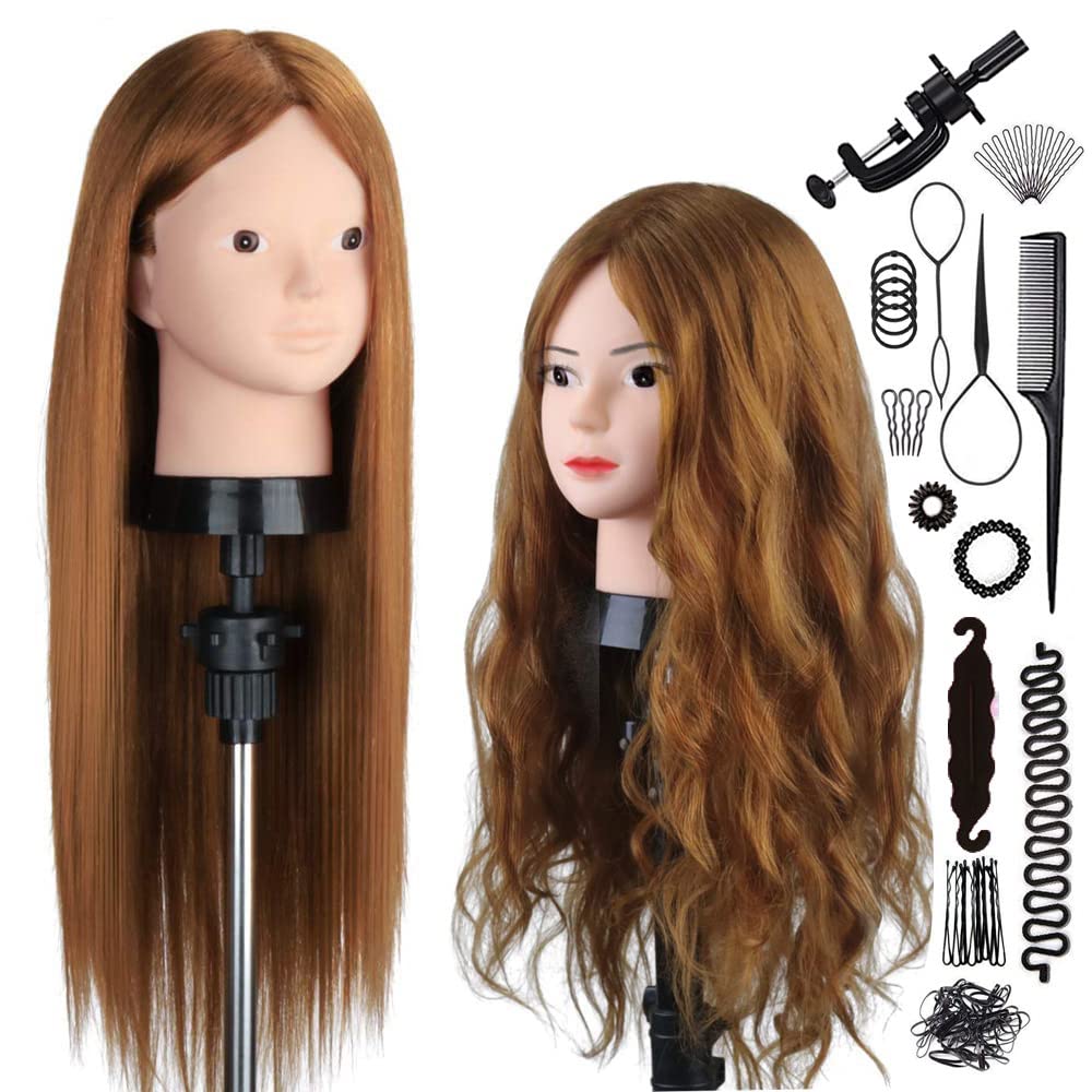 SZCY LLC 23.5 inch 80% Real Human Hair Training Head Cosmetology Make-up Hairdressing Mannequin Manikin Doll Head with Table Clamp Holder + DIY Hair Styling Braid Set, Light Brown