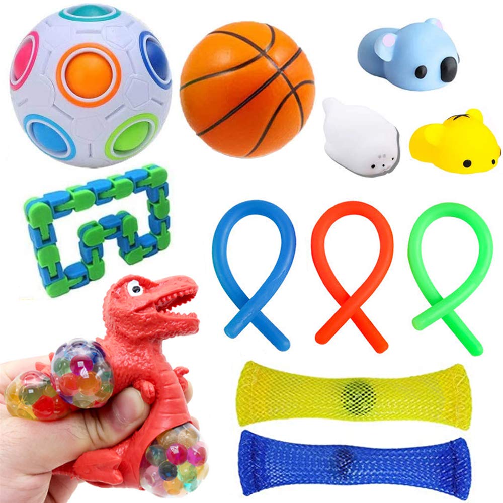 12 Pack Sensory Fidget Toys Set, Stress Relief Kits for Kids Adults, Marble Mesh/Stretchy String/ Rainbow Puzzle Ball/Mochi Squishy/Stress Ball/Wacky Tracks for ADHD Autism Stress Anxiety Relief