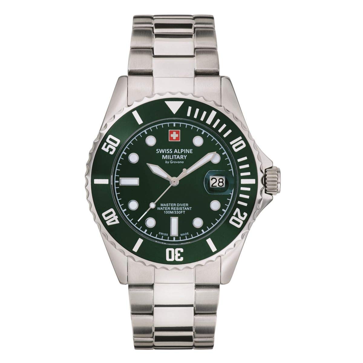 Swiss Alpine Military Men's Watch, Master-Dive, Analogue, Quartz, 7053.1 Stainless Steel, Steel/Green/Green - 1134sam