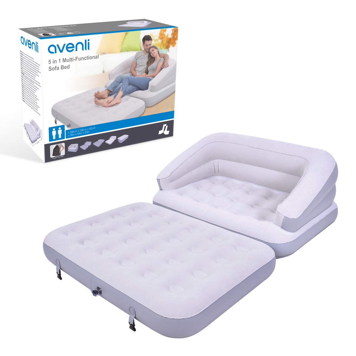 Benross Group Avenli 88170 5-in-1 Inflatable Flocked Sofa Bed/Grey/Easy to Inflate/Ideal for Camping, Festivals or Spare Bed