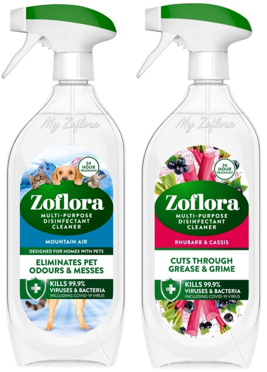 Zoflora Multi Purpose Disinfectant Cleaner Spray, 800 ml, Mountain Air Scent + Zoflora Multi Purpose Disinfectant Cleaner Spray, 800 ml, Rhubarb & Cassis Scent