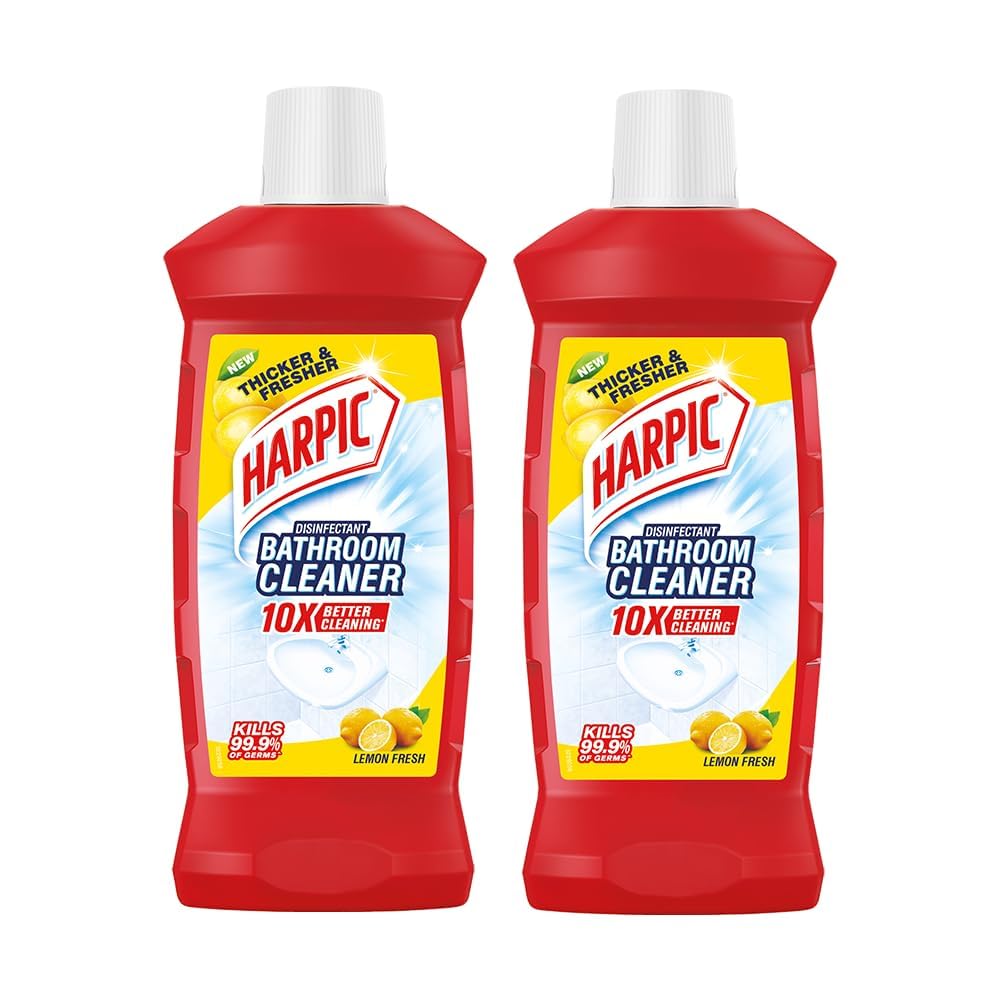 Harpic 1 Litre (Pack of 2) - Lemon, Bathroom Cleaner Liquid | New Thicker Bathroom Floor Cleaner | Red Harpic Bottle