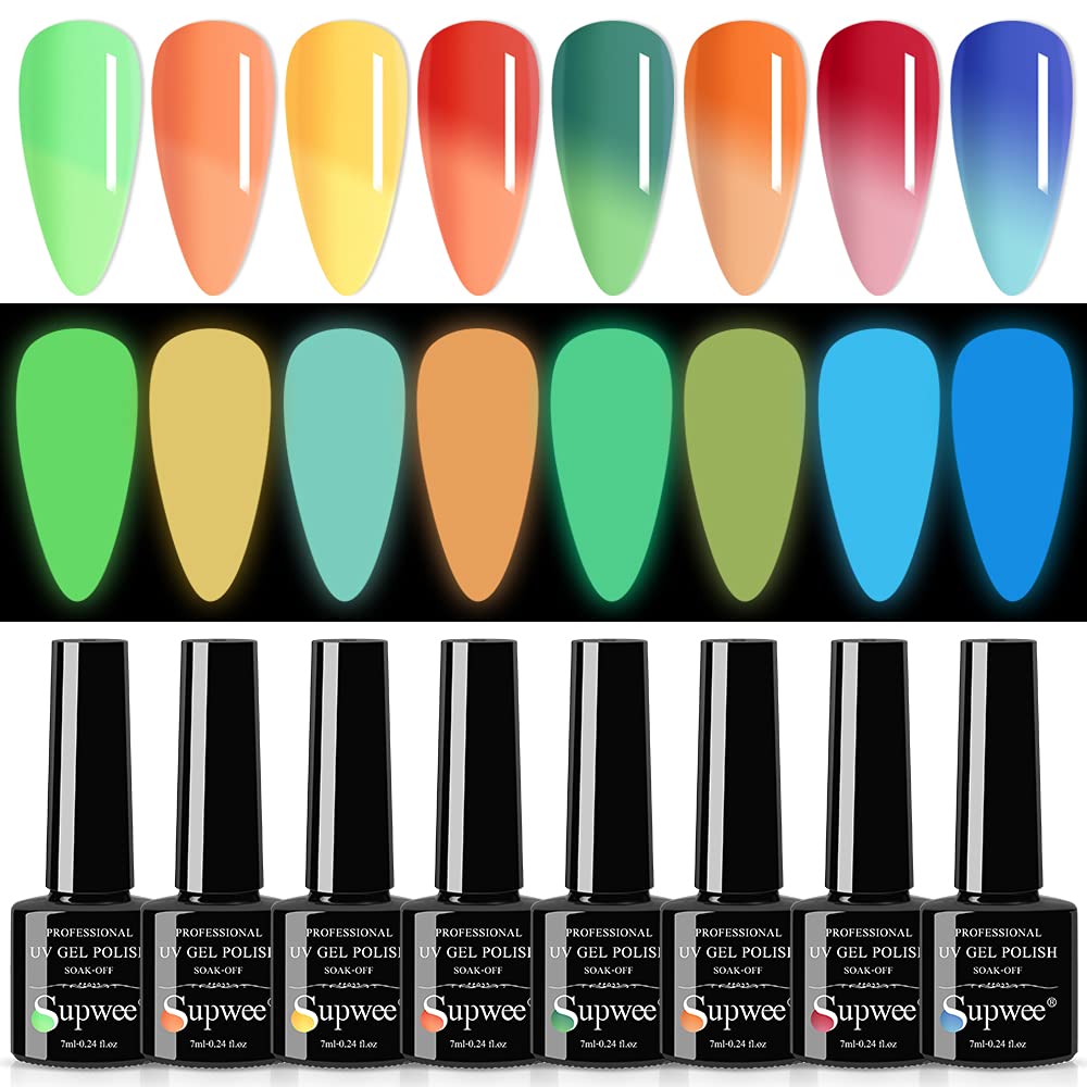 SUPWEEGlow in The Dark Mood Color Change Gel Nail Polish Set Neon Green Orange Red Fluorescent Bright Colors Glow Effect Summer Spring Luminous Temperature Halloween Gel Polish 7ml(0.24fl.oz)