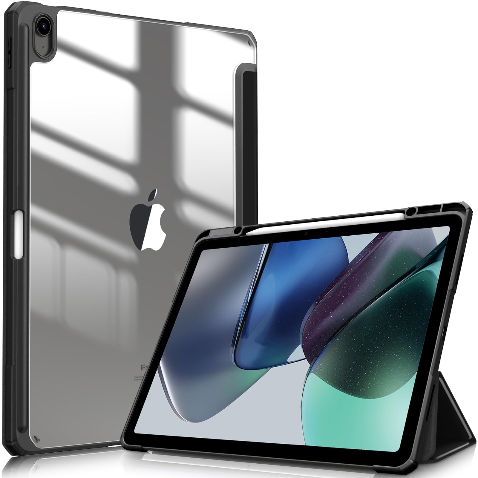 FINTIE Hybrid Case Compatible with iPad Air 13 inch (2024) M2, [Built-in Pencil Holder] Shockproof Cover with Clear Transparent Back Shell, Auto Wake Sleep, Black