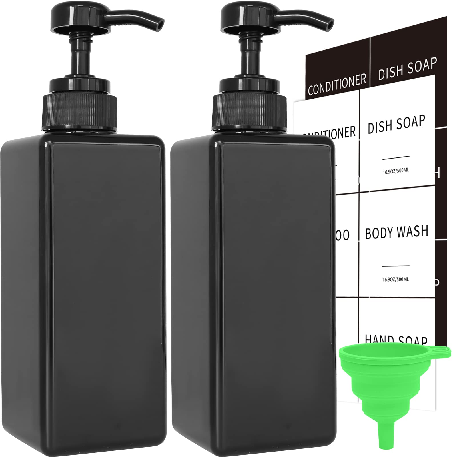 Black Soap Dispenser with Waterproof Labels, 16 oz Dish Soap Dispenser for Kitchen, Thickened Plastic Hand Soap Dispenser for Bathroom, Shampoo and Conditioner Pump Bottles with Silicon Funnel, 2 Pack