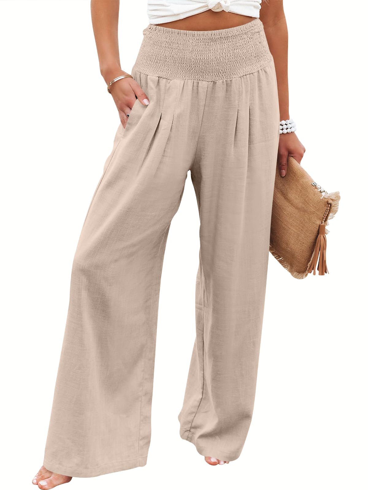 ANRABESS Women Linen Palazzo Pants Summer Boho Wide Leg High Waist Casual Lounge Pant 2024 Beach Travel Vacation Outfits