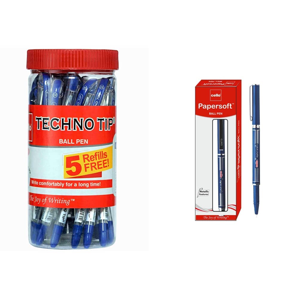 Cello Technotip Ball Pen Jar(Pack Of 20 Pens In Blue Ink With 5 Free Blue Refills)| Lightweight Ba Papersoft Ball Pen(Pack Of 10 Pens-Blue)| Premium Ball Pens | Professional Pens With Superi