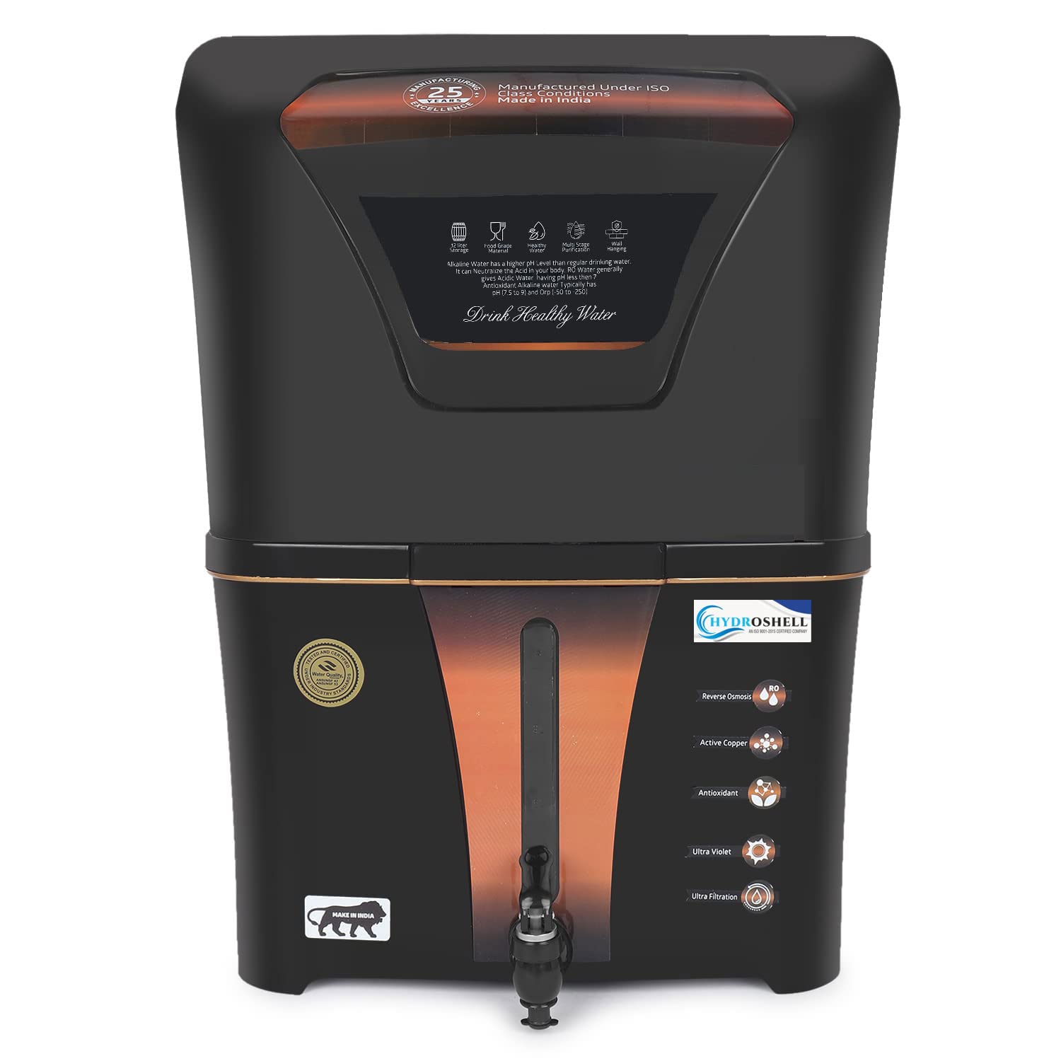 Hydroshell Copper + Ro + UV + TDS Controller/Adjuster RO Water Purifier- 10 to 12 Litre Storage with High 3000 TDS Membrane Home and Office (Made In India)