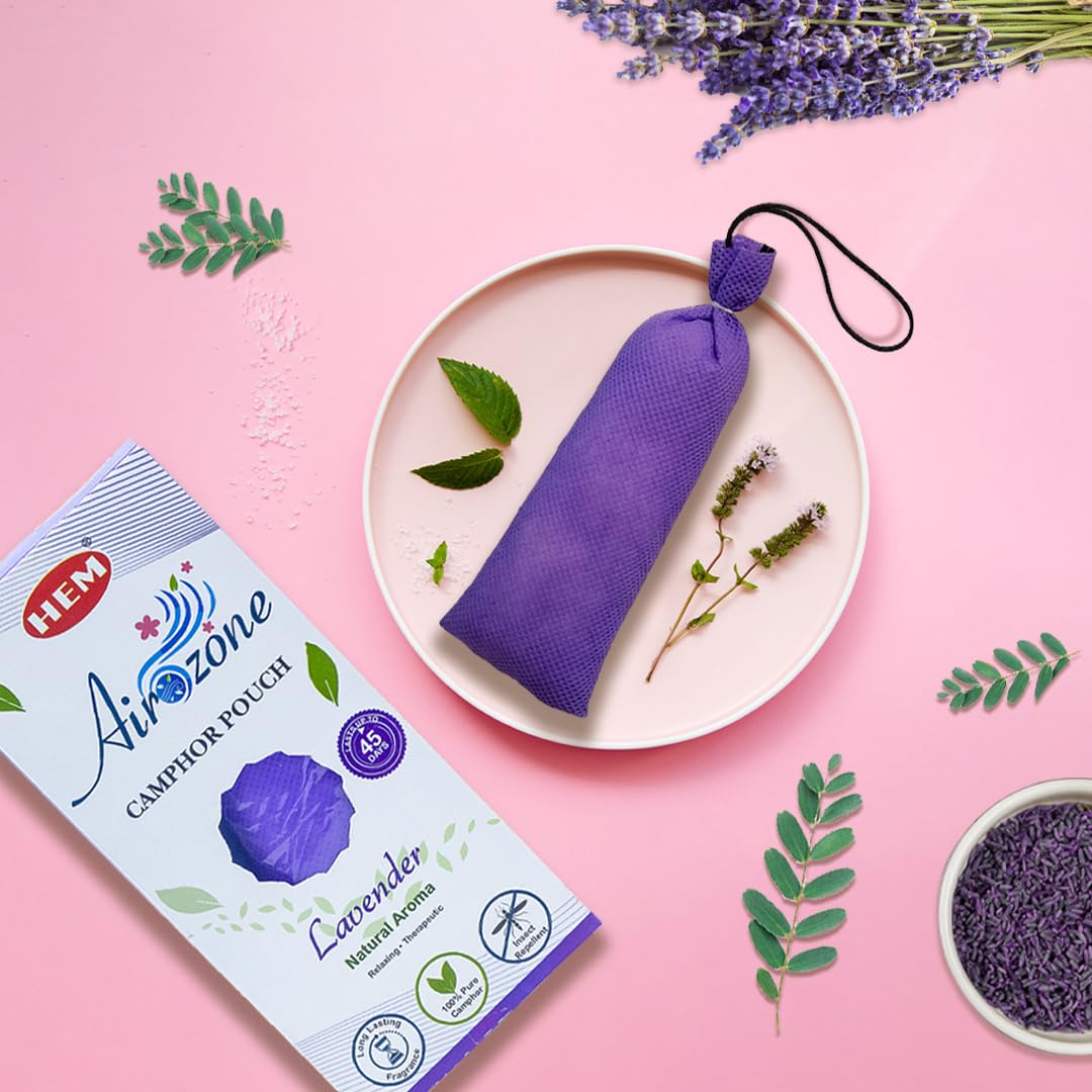 HEM Airozone Lavender-Infused Camphor Pouch - Airfreshener for Car, Wardrobe,Drawers, Kitchen and Travel Bag, Aromatic Floral Scent for Purification, Insect Repellent, Pack of 1(60g Each)