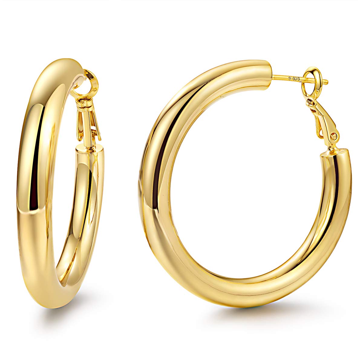 Hoop Earrings 14K Gold Plated 925 Sterling Silver Post 5MM Thick Tube Hoops for Women And Girls