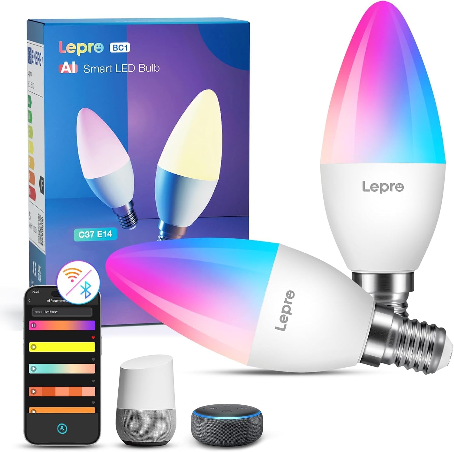 LeproAI Smart Light Bulb BC1, 4.9 W 470 LM Light Bulb, E14 Dimmable, Large Voice Model LLM, Warm White/Cool White and RGB, Compatible with Alexa/Google, Voice Control/Music Sync, WiFi & Bluetooth,