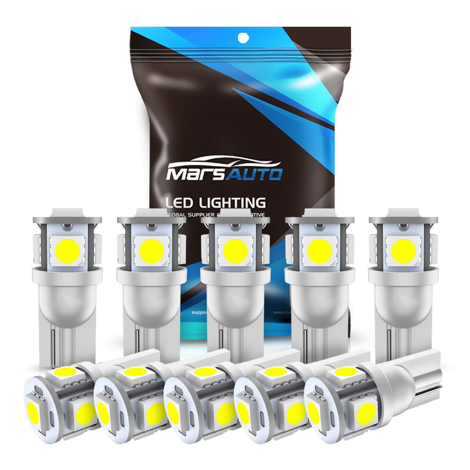 Marsauto 194 LED Bulb 6000K White 168 T10 2825 W5W 5SMD Replacement Bulbs for Car Dome Map Door Courtesy Side Marker Reading Glove Box License Plate Lights (Pack of 10)