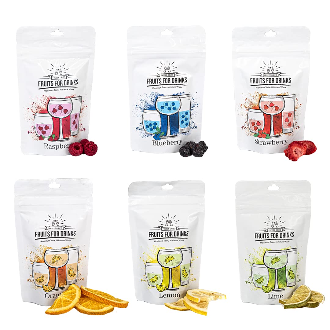 Fruits for Drinks Bundle - 6 Bags - (4 Servings per Bag) Freeze Dried Cocktail Garnish - Lemon, Lime, Orange, Strawberry, Raspberry and Blueberry