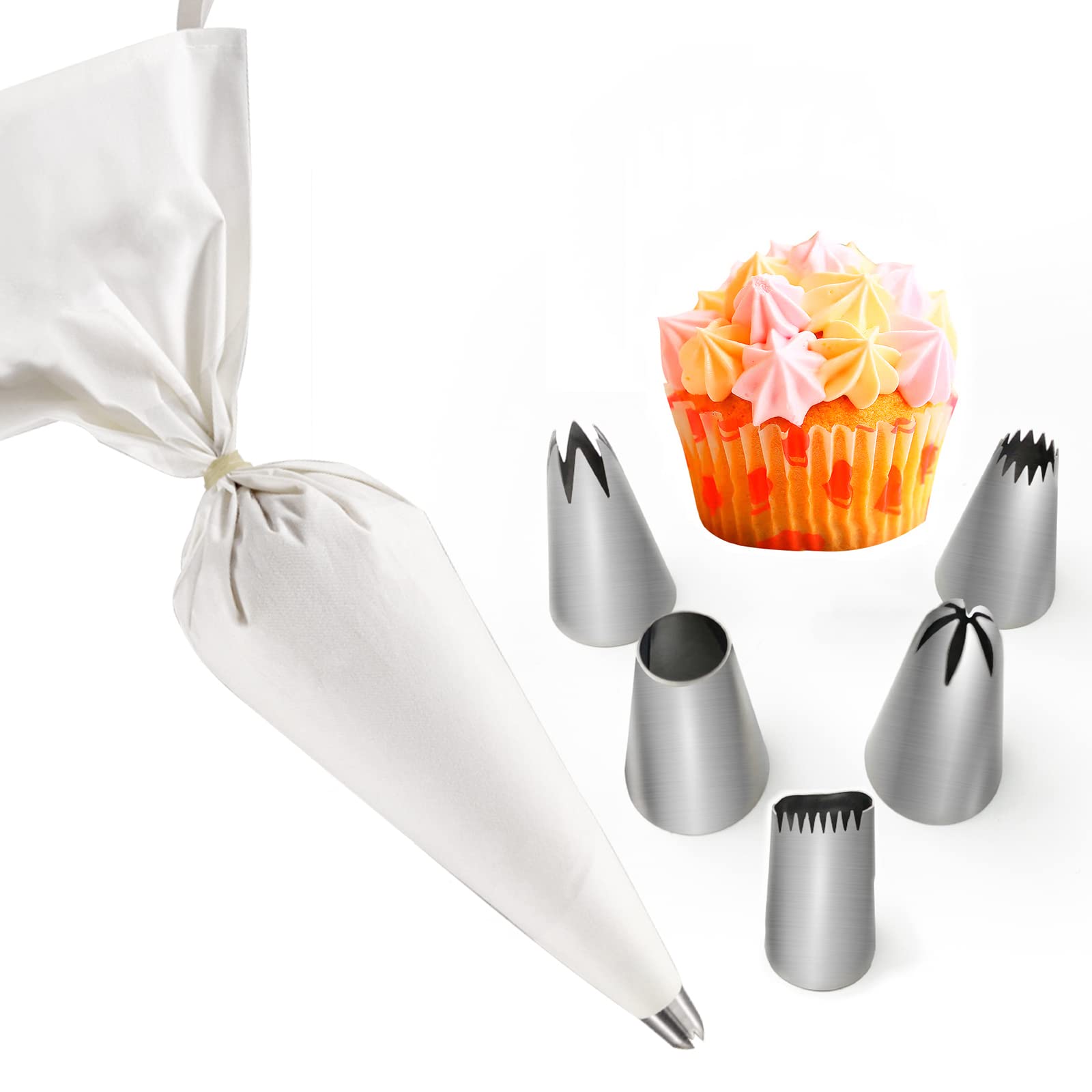 Piping Nozzles Silicone Piping Bag Set, 6 Pieces Professional Icing Nozzles Set, Reusable Silicone Piping Bags, Stainless Steel Nozzles