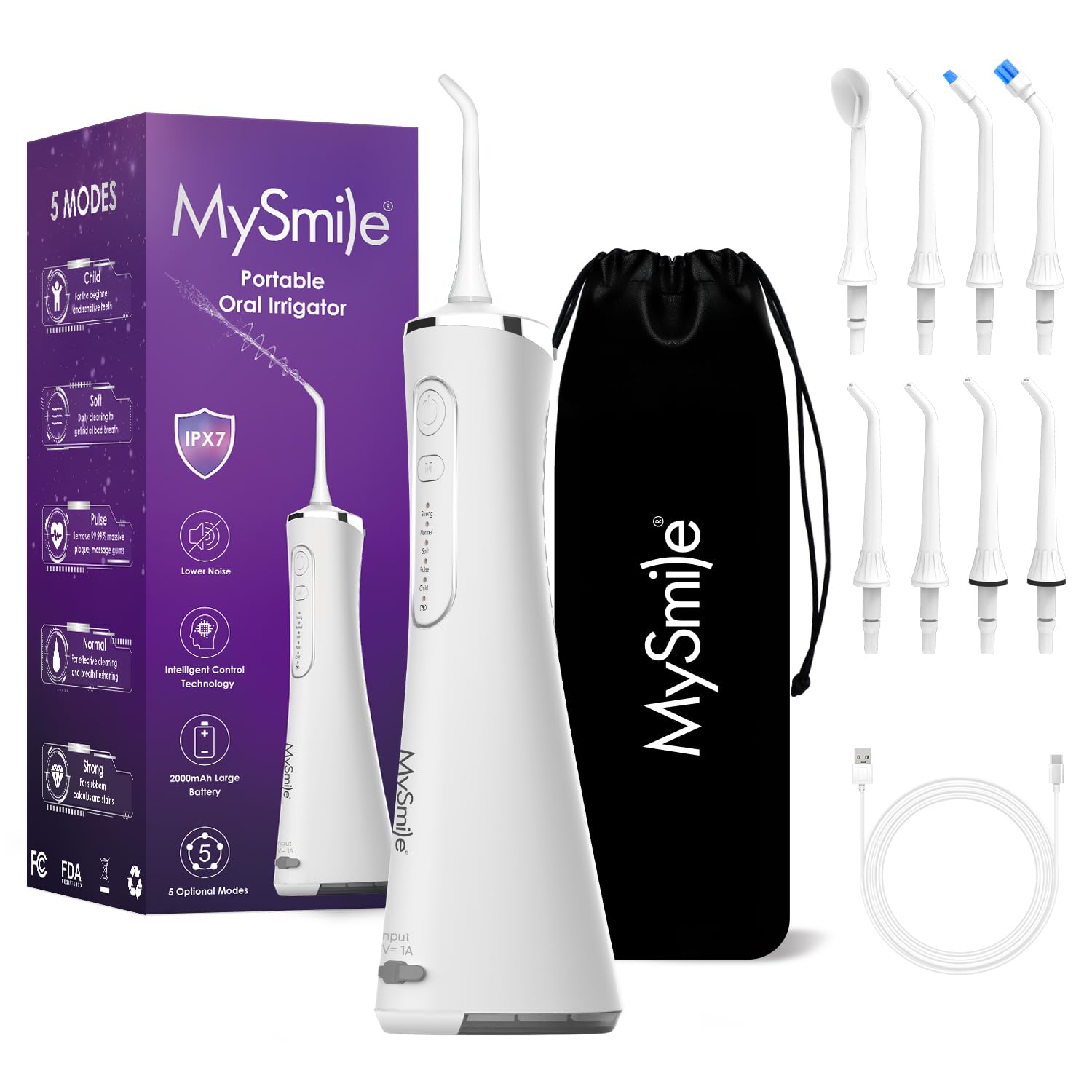 MySmile LP211 Cordless Advanced Water Flossers for Teeth, 5 Cleaning Modes Rechargeable Power Dental Flosser 8 Replacement Jet Tips IPX 7 Waterproof Dental Irrigator with Portable Travel Storage Pouch