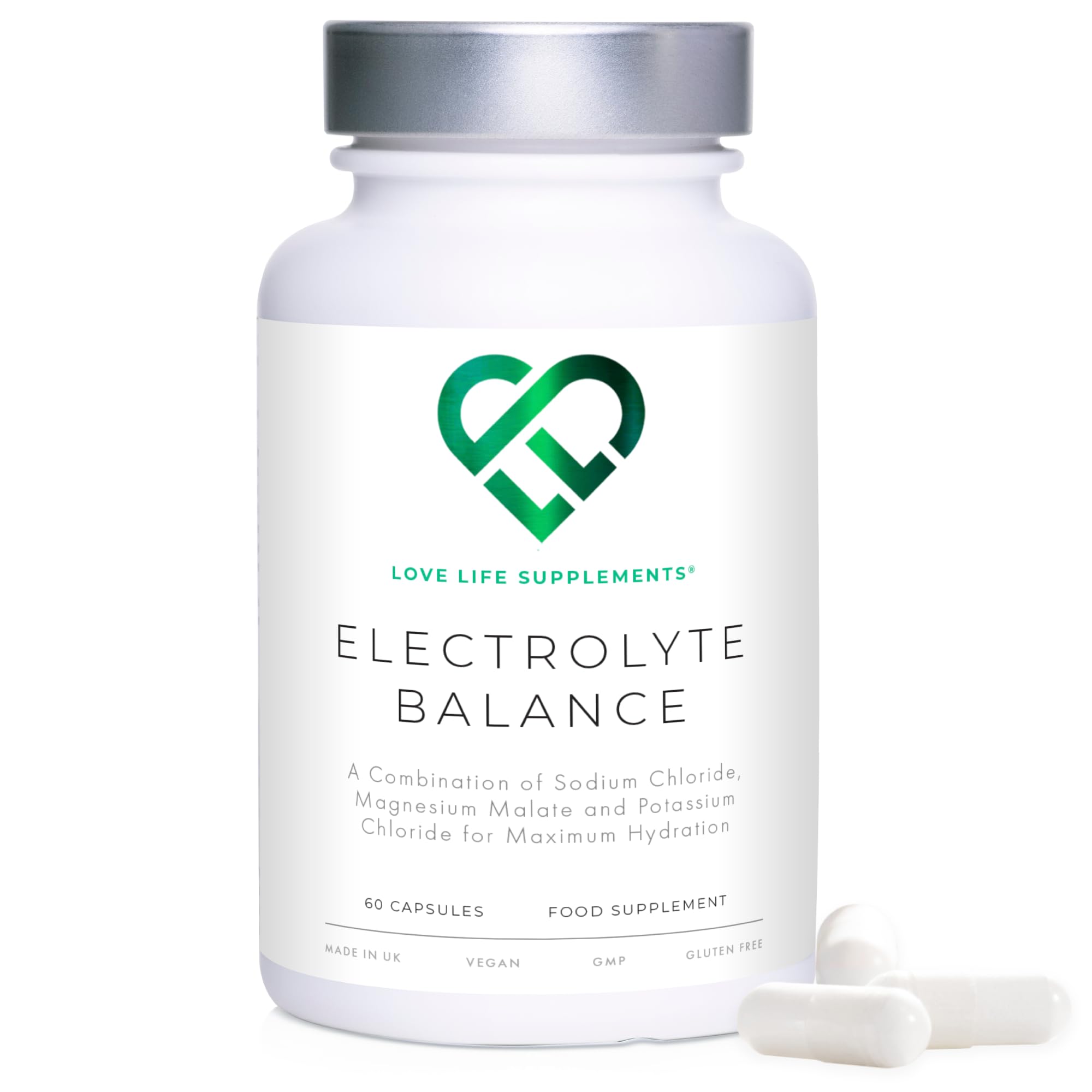 Electrolyte Balance, 60 Capsules, 30 Servings, High Strength 1000mg Sodium Chloride, Magnesium & Potassium for Maximum Hydration, Sugar Free Electrolytes Tablets, Zero Fillers - Love Life Supplements