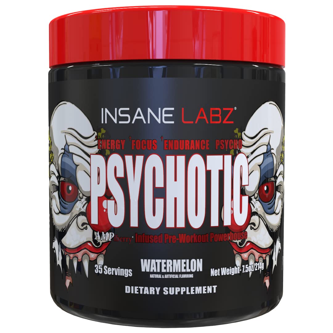 Insane Labz Psychotic, High Stimulant Pre Workout Powder, Extreme Lasting Energy, Focus and Endurance with Beta Alanine, Creatine Monohydrate DMAE, 35 Srvgs (Watermelon)