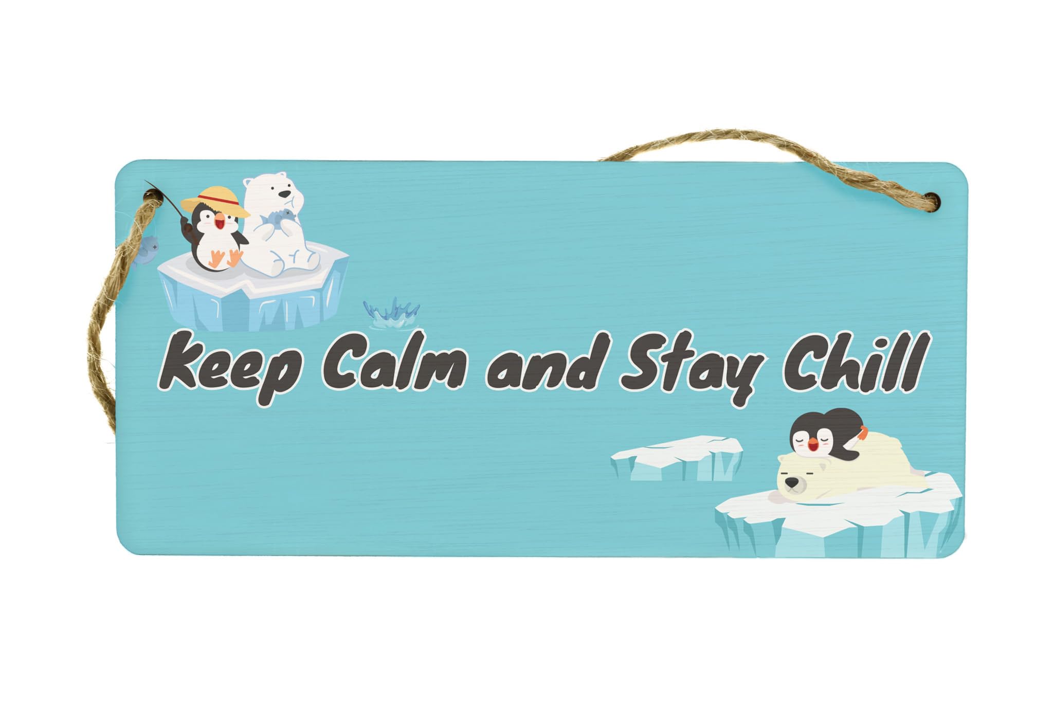 Full Colour Wooden Hanging Plywood Sign - Funny 'Keep Calm and Stay Chill' Polar Bear Sign for Bedroom and Home Decor, Silver