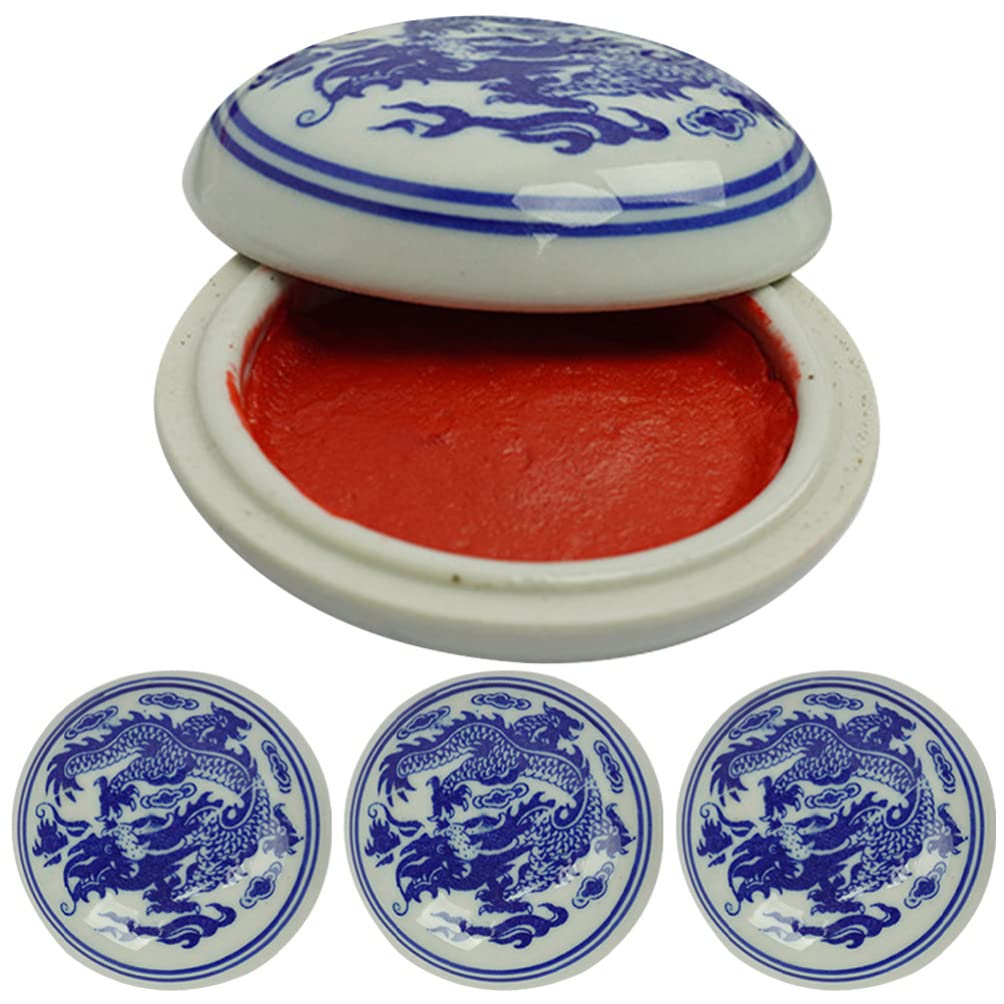 Tofficu 4pcs Porcelain Inkpad Round Calligraphy Stamp Ink Chinese Seal Red Ink Pad Red Ink Paste Vintage Inkpad Box for Office School Business Stamp Supplies