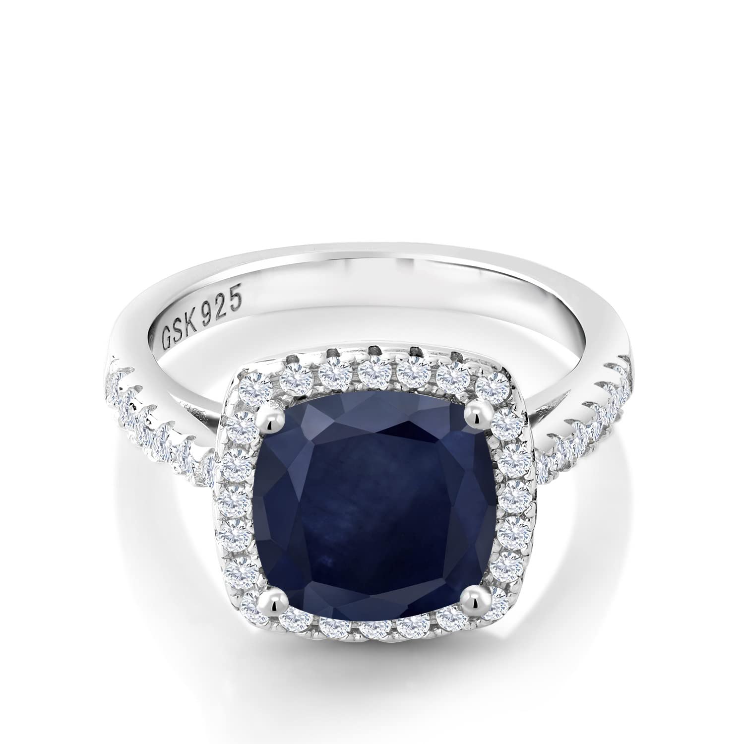 Gem Stone King925 Sterling Silver Blue Sapphire Engagement Ring For Women (3.32 Cttw, Cushion 8MM, Gemstone Birthstone, Available In Size 5, 6, 7, 8, 9)