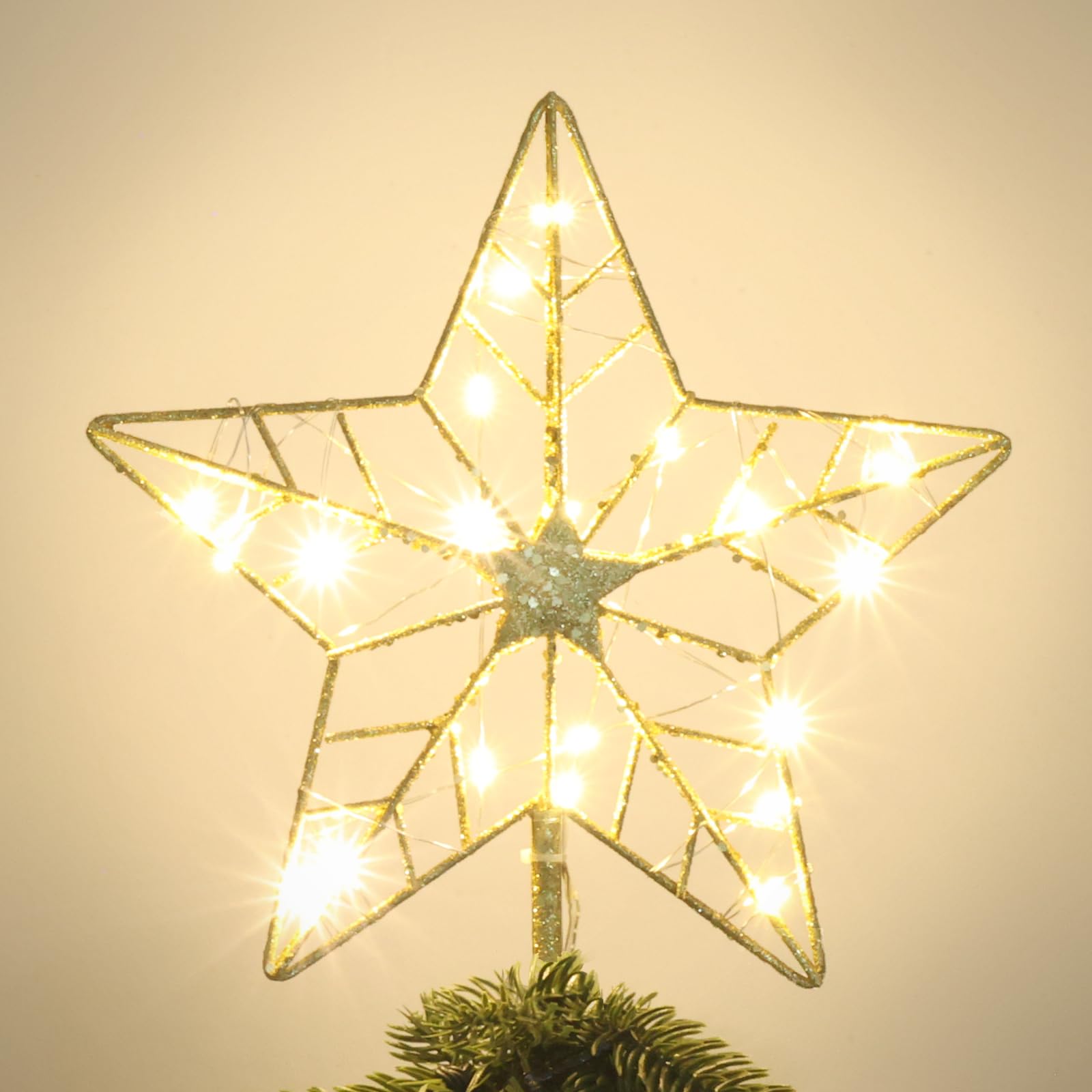 YEAHOME Christmas Tree Topper, Gold Glittered Hollow 5-Point Star Tree Topper for Christmas Tree Decorations, Lighted Wire Star with 20 LED Lights for Christmas Treetop, Xmas Tree Topper with Timer