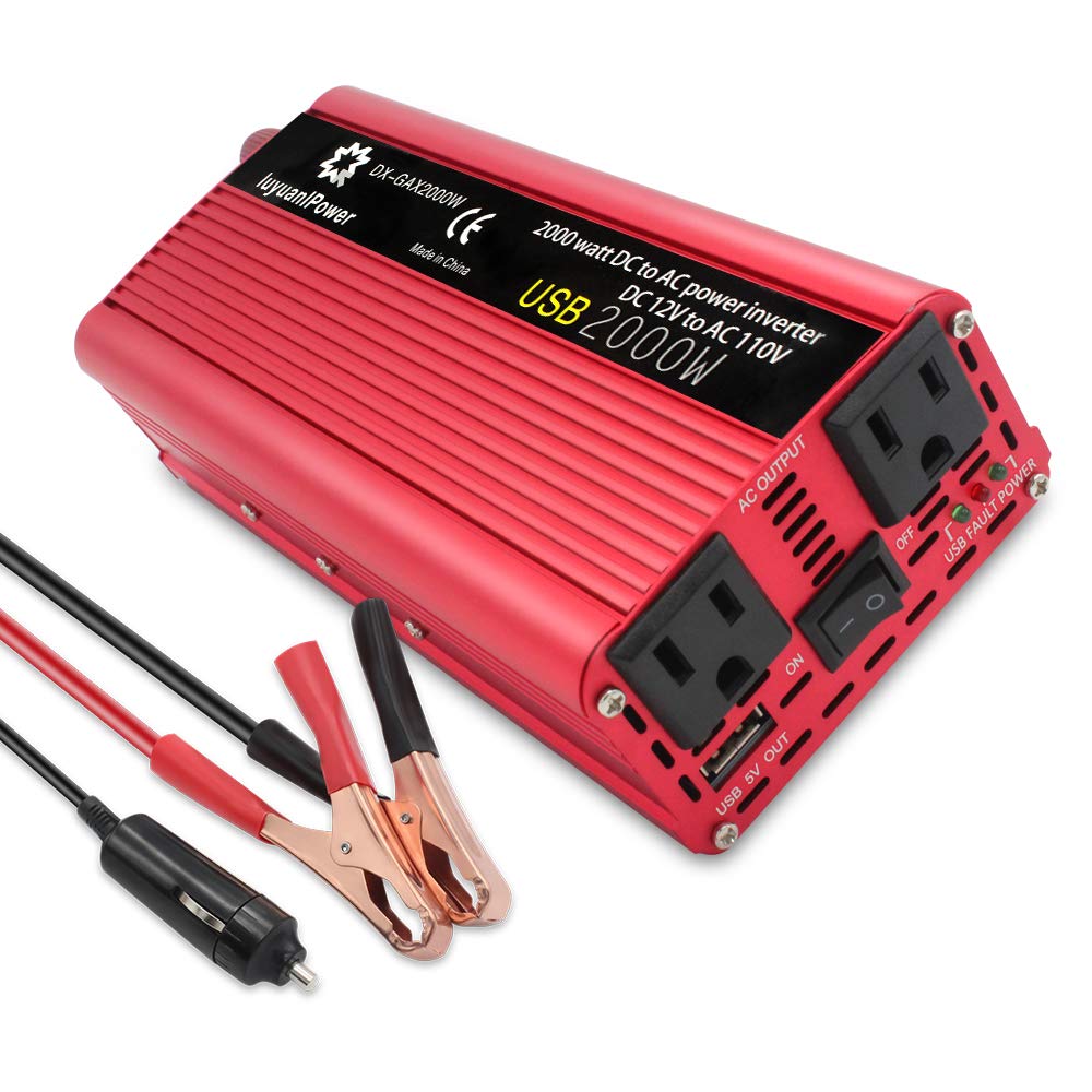 LVYUAN 1000W Car Power Inverter 12V to 110V DC to AC Car Inverter with 3.1A USB Car Adapter, Battery Clips, Cigarette Lighter for Car, Home, Truck, Outdoor, Camping