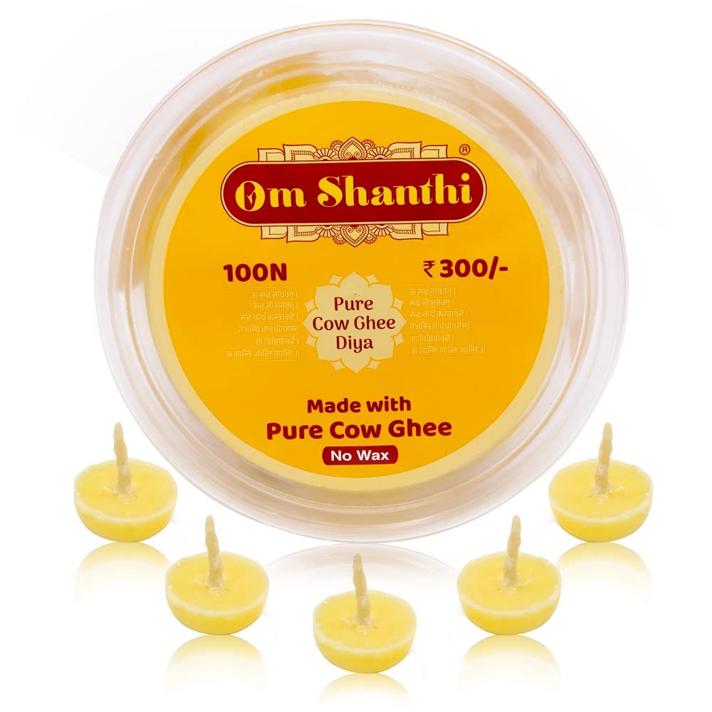 Cycle Pure Om Shanthi Cow Ghee Diya for Puja - 100 Ghee Wicks | Ghee Batti for Pooja, Festivals, Havans & Religious Rituals | Readymade Ghee Diya batti | Easy to use & Long Lasting