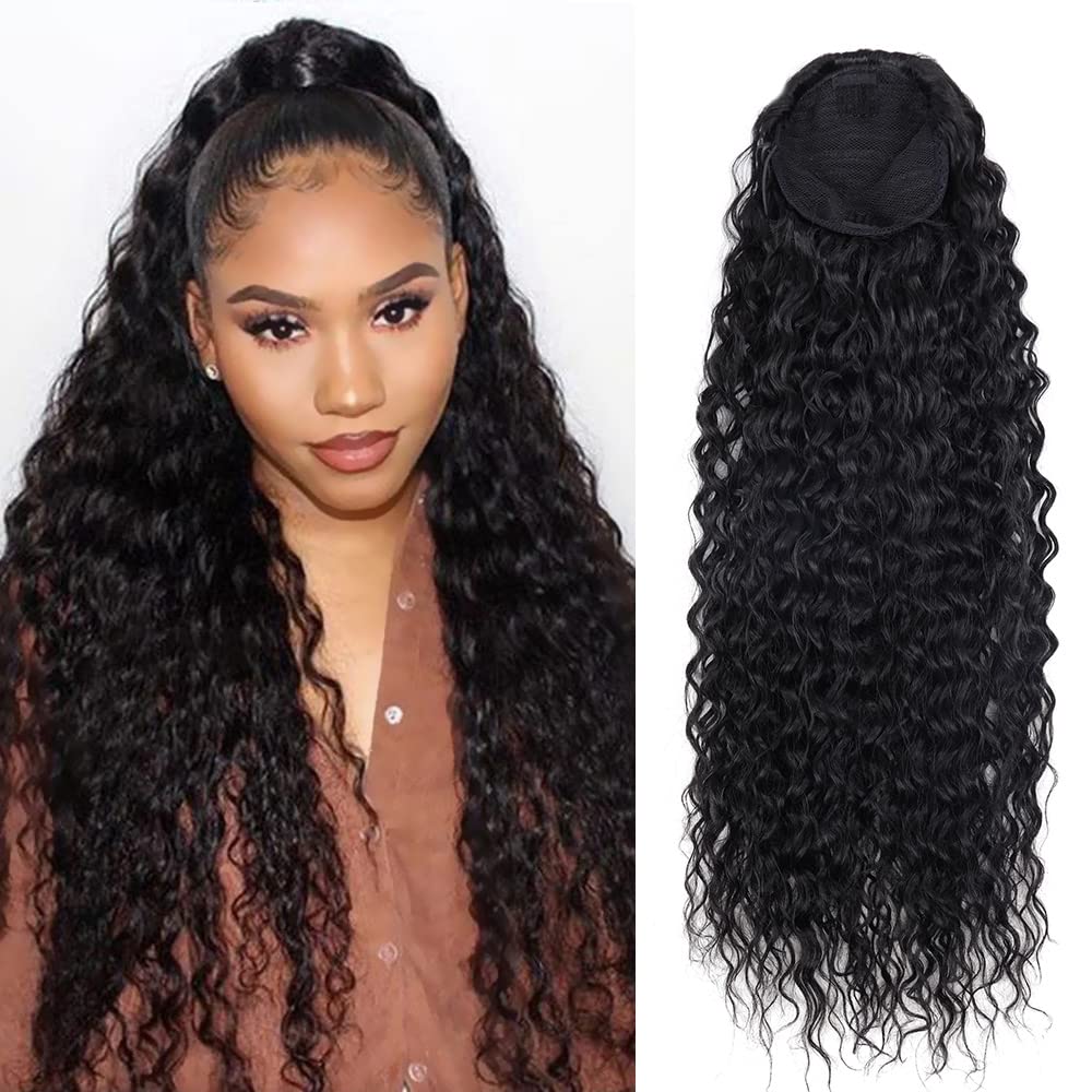 Meepo24 Inch Curly Ponytail Extensions Synthetic Deep Wave Drawstring Ponytail For Black Women Human Hair Feeling With Clip In Thick Ponytail Hair Natural Black Hairpiece(1b#,160g) (24inch, 1b#)