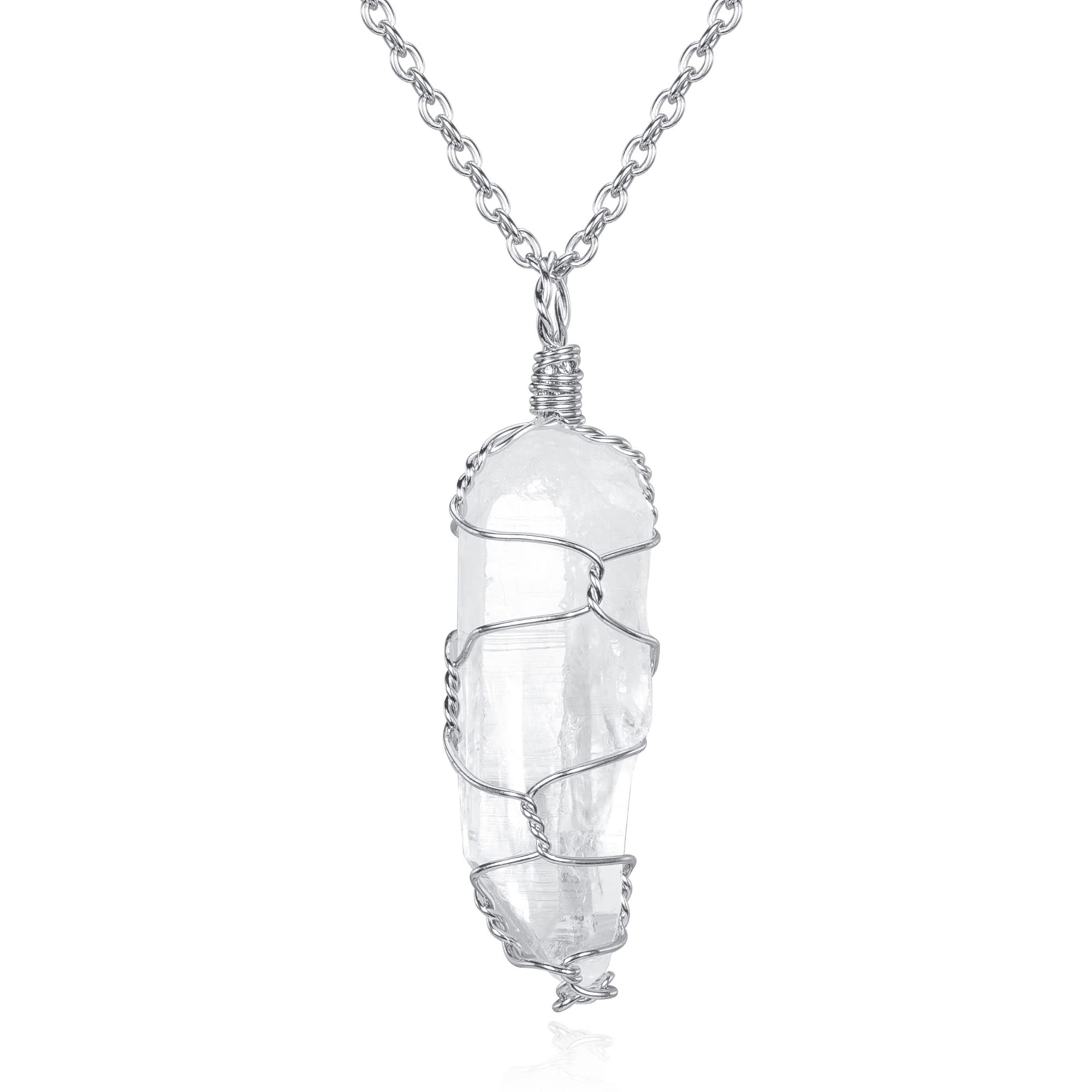 Top Plaza Clear Quartz Stone Necklace Natural Raw Healing Crystal Necklace Wire Wrapped Pendant Necklace Reiki Gemstone Jewelry For Women Men Christmas Gifts