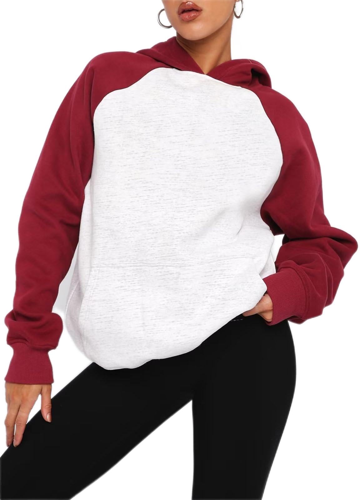 DressmineWomens Casual Long Sleeve Hoodies Sweatshirt Solid Raglan Shirt Kangaroo Pocket Pullover Tops