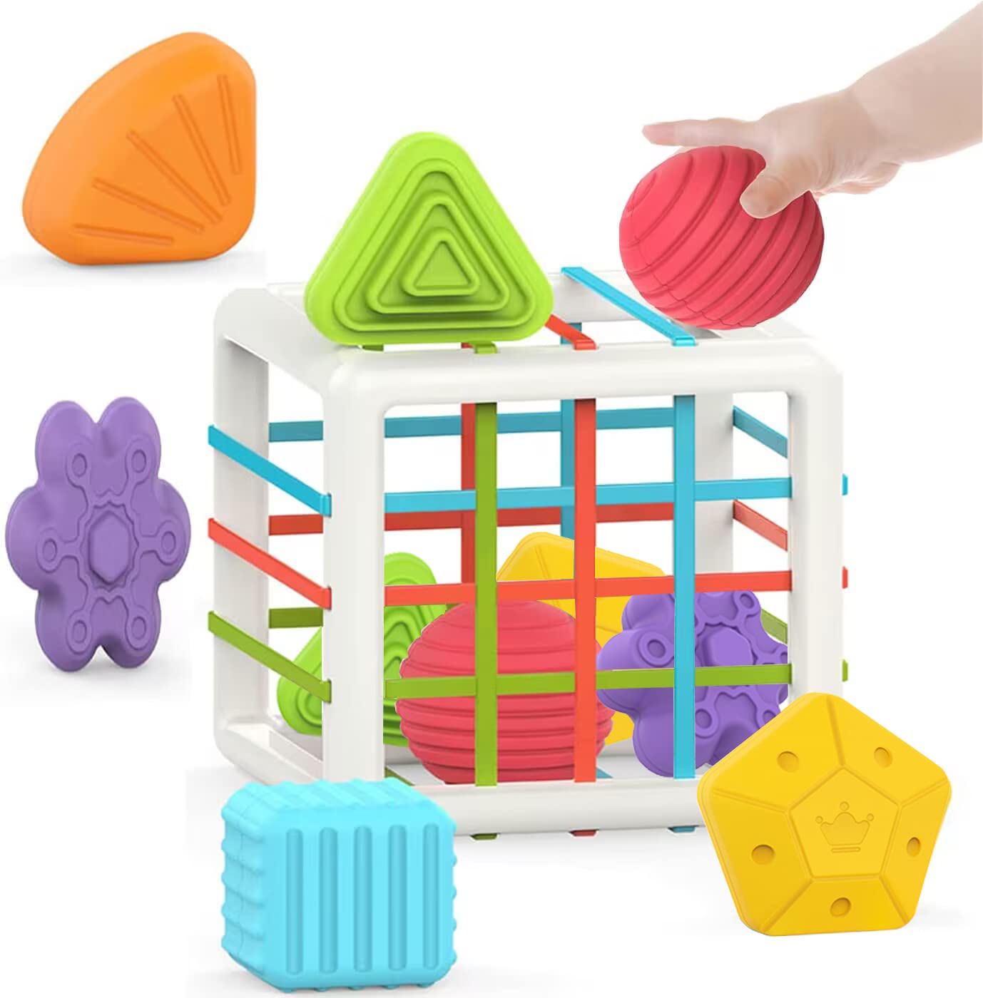 MINGKIDS Montessori Toys for 1 Year Old,Baby Sorter Toy Colorful Cube and 6 Pcs Multi Sensory Shape, Toddler Developmental Learning Toys Birthday Gifts,Baby Toys 6-12-18 Months