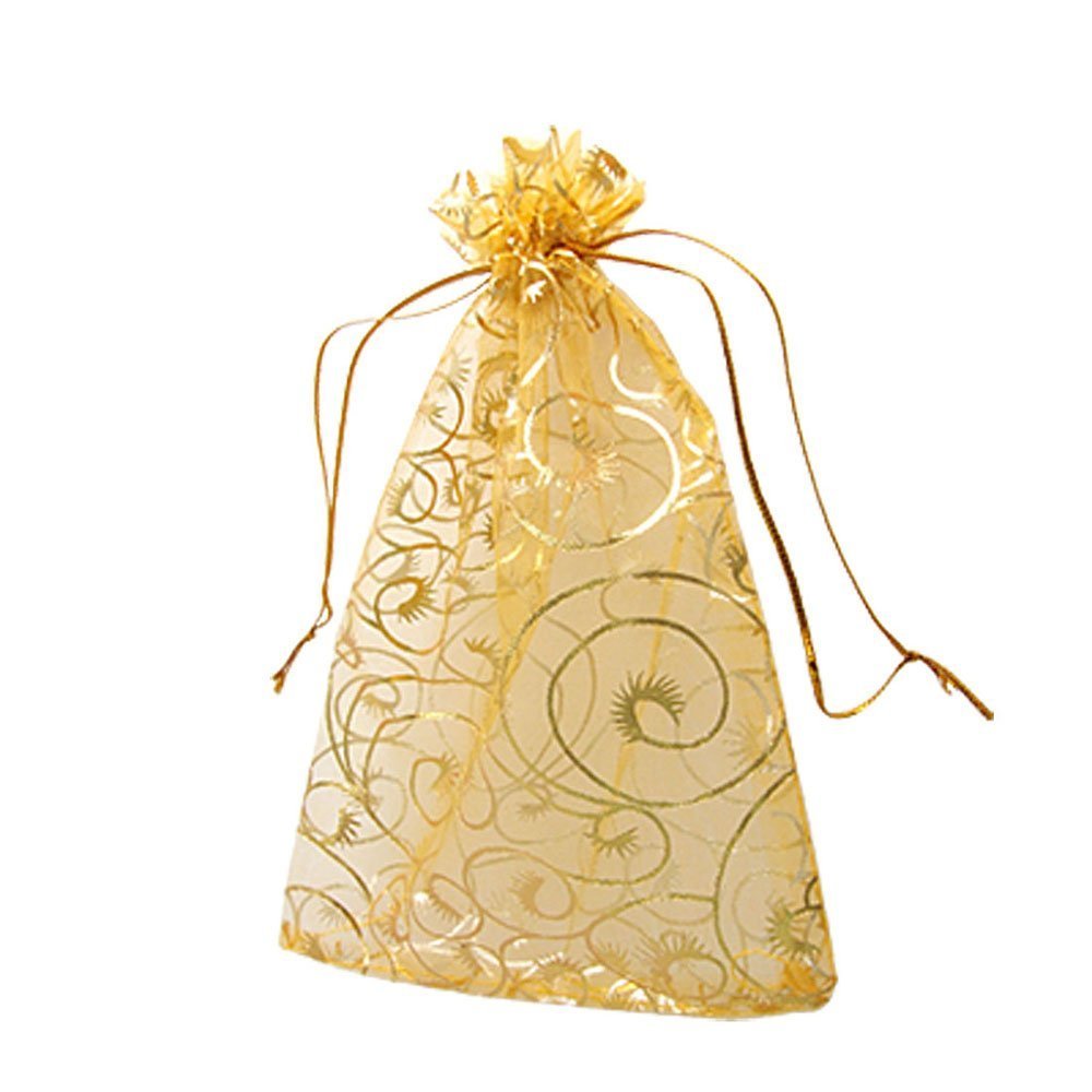 100 Pcs Champagne Eyelash Organza Drawstring Pouches Jewelry Party Wedding Favor Gift Bags Gold Color Perfect Lace