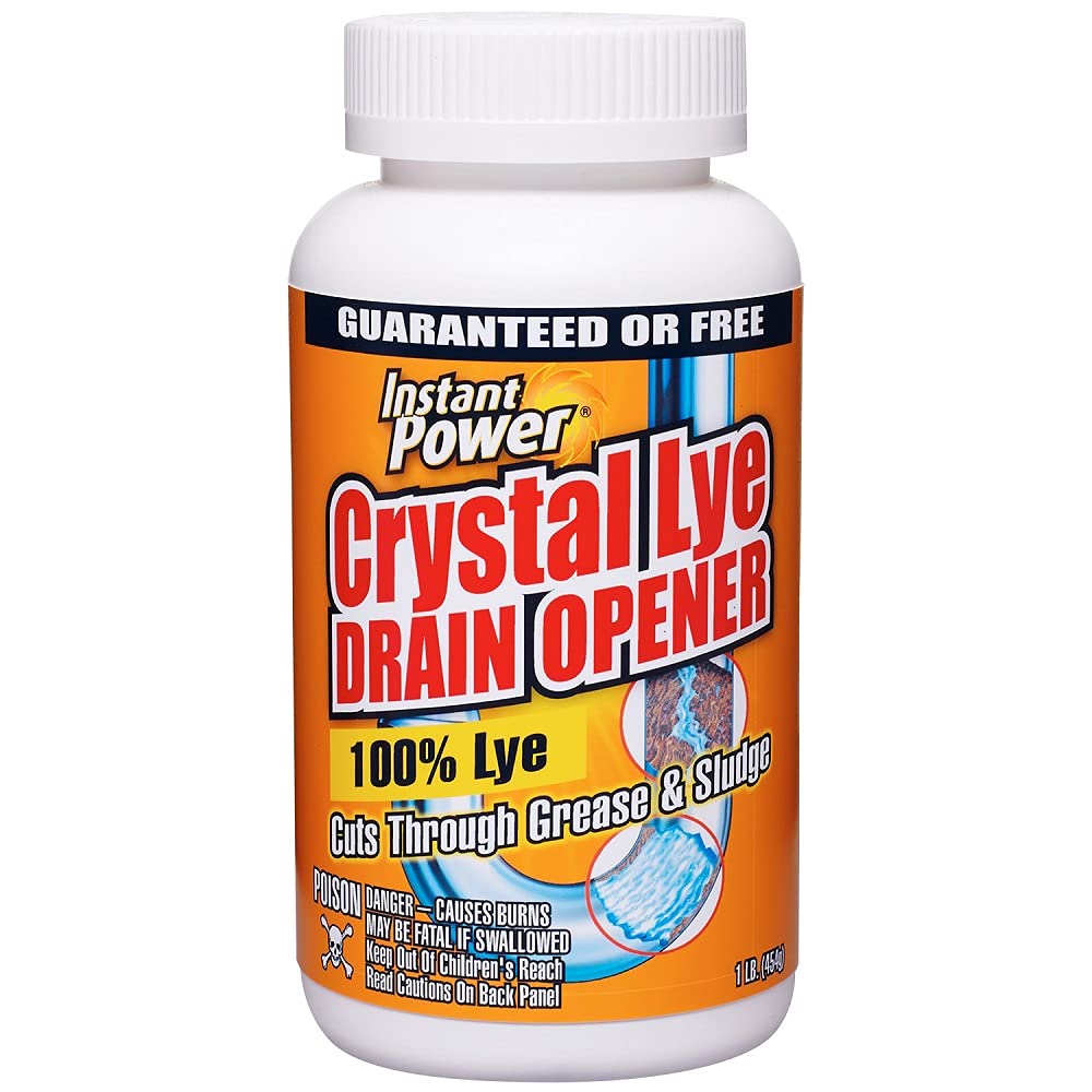 Instant Power Crystal Lye Drain Opener, Lye Sodium Hydroxide, Unclogs Bathroom and Kitchen Sinks, Drains, Shower Pipes 1 Lb