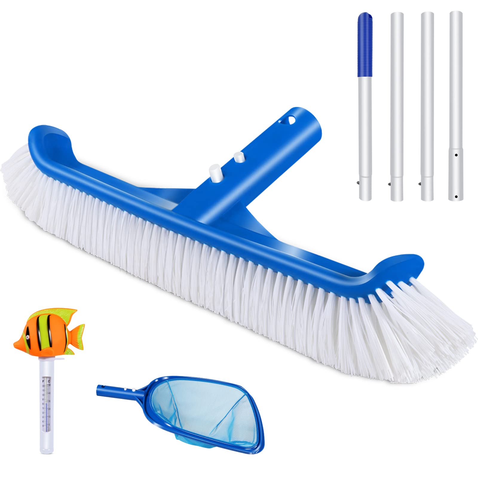 Masthome Pool Brush,12 ” Pool Scrub Brush with Leaf Skimmer Net and Thermometer,Swimming Pool Cleaning Brush with 63 inch Long Aluminum Handle,Heavy Duty Pool Brush for Wall Tile Cleaning,Blue