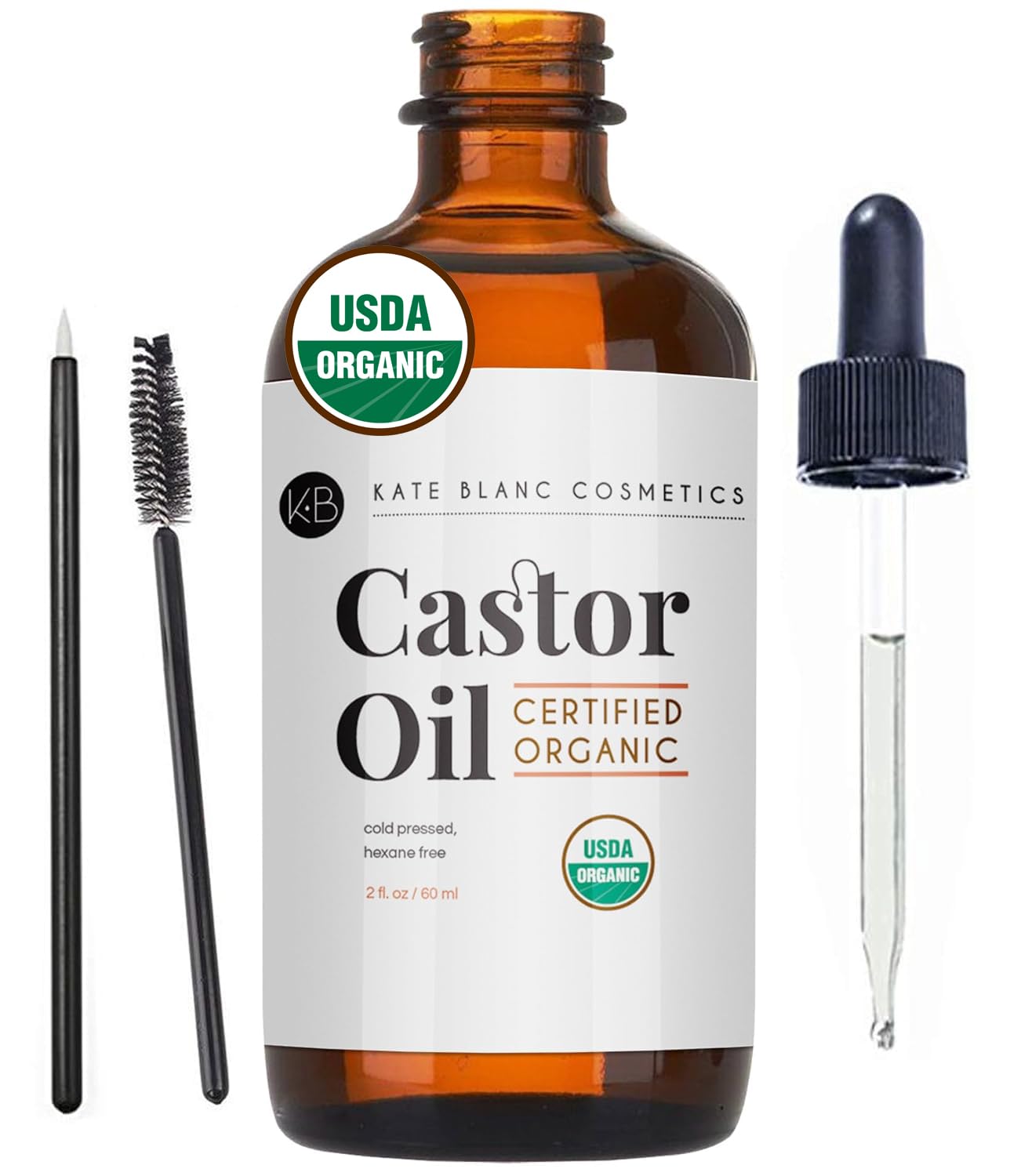 Kate Blanc Cosmetics Castor Oil Organic (2oz), 100% Pure, Cold Pressed, Hexane Free. Stimulate Growth for Hair, Eyelashes, Eyebrows. Hair Treatment Starter Kit, Skin Moisturizer & Stocking Stuffer